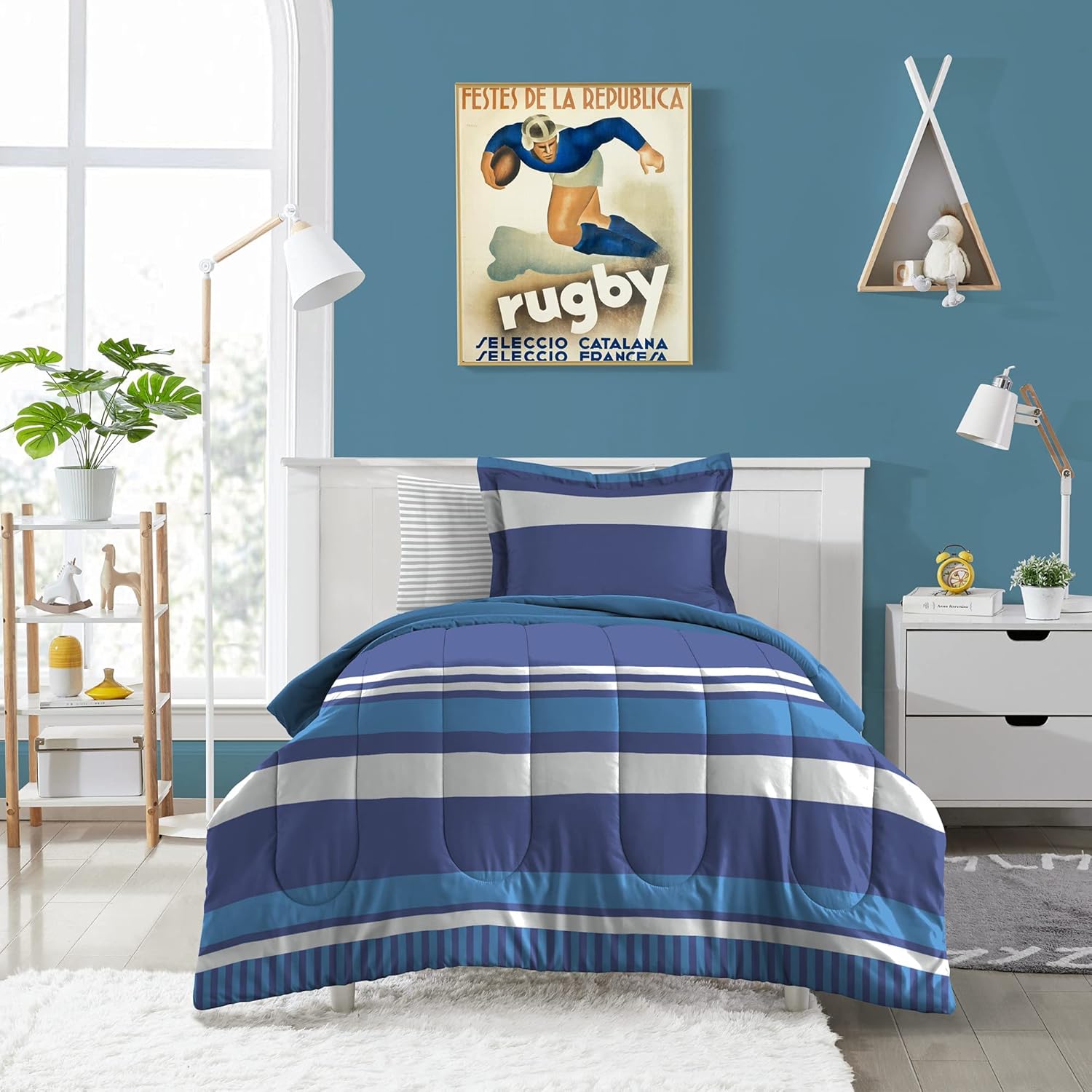 Dream Factory Kids 5-Piece Comforter Set Twin Blue Rugby Stripe