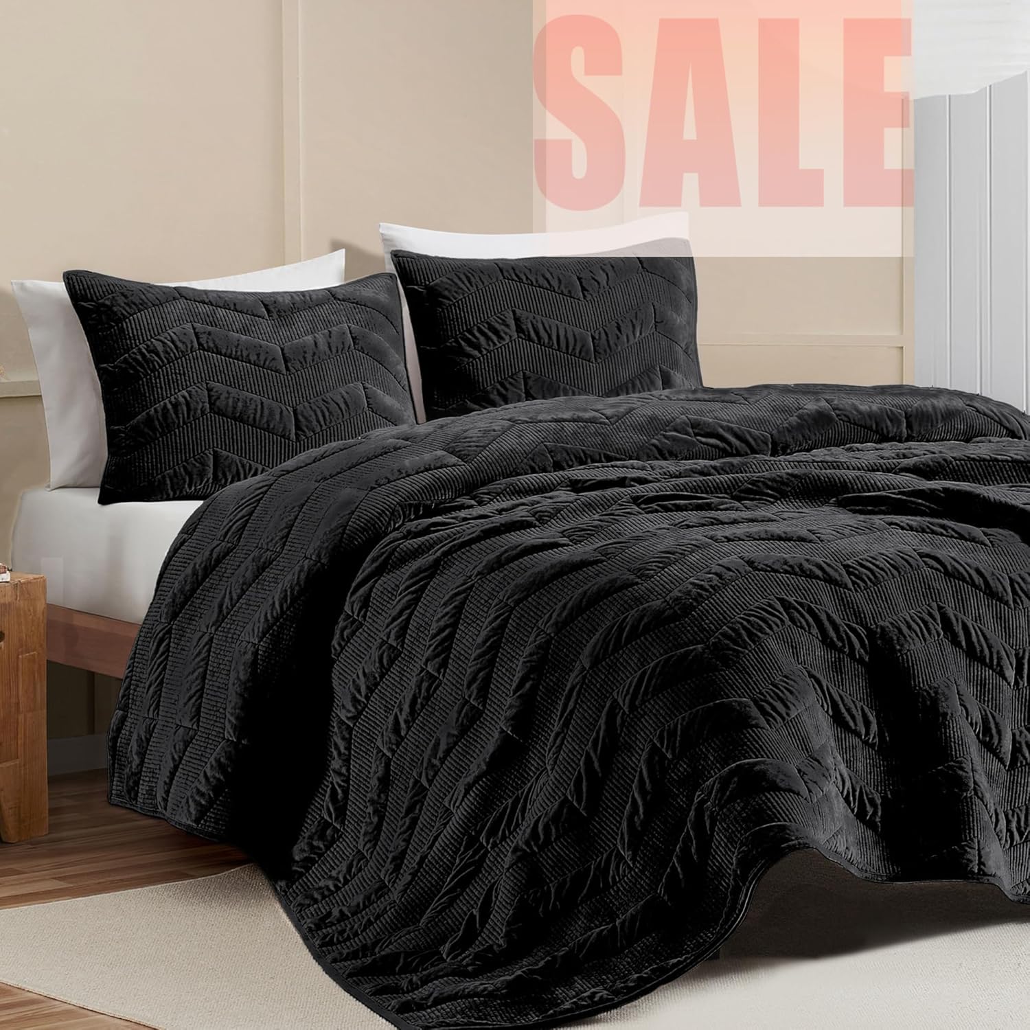 SHALALA Velvet Quilt Set King Size with Geometric Pattern