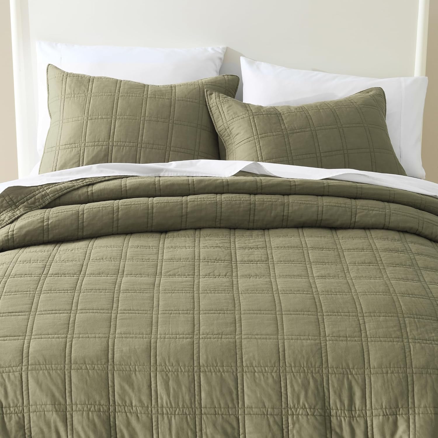 HORIMOTE HOME Cotton Quilt Set Twin Size Olive Green
