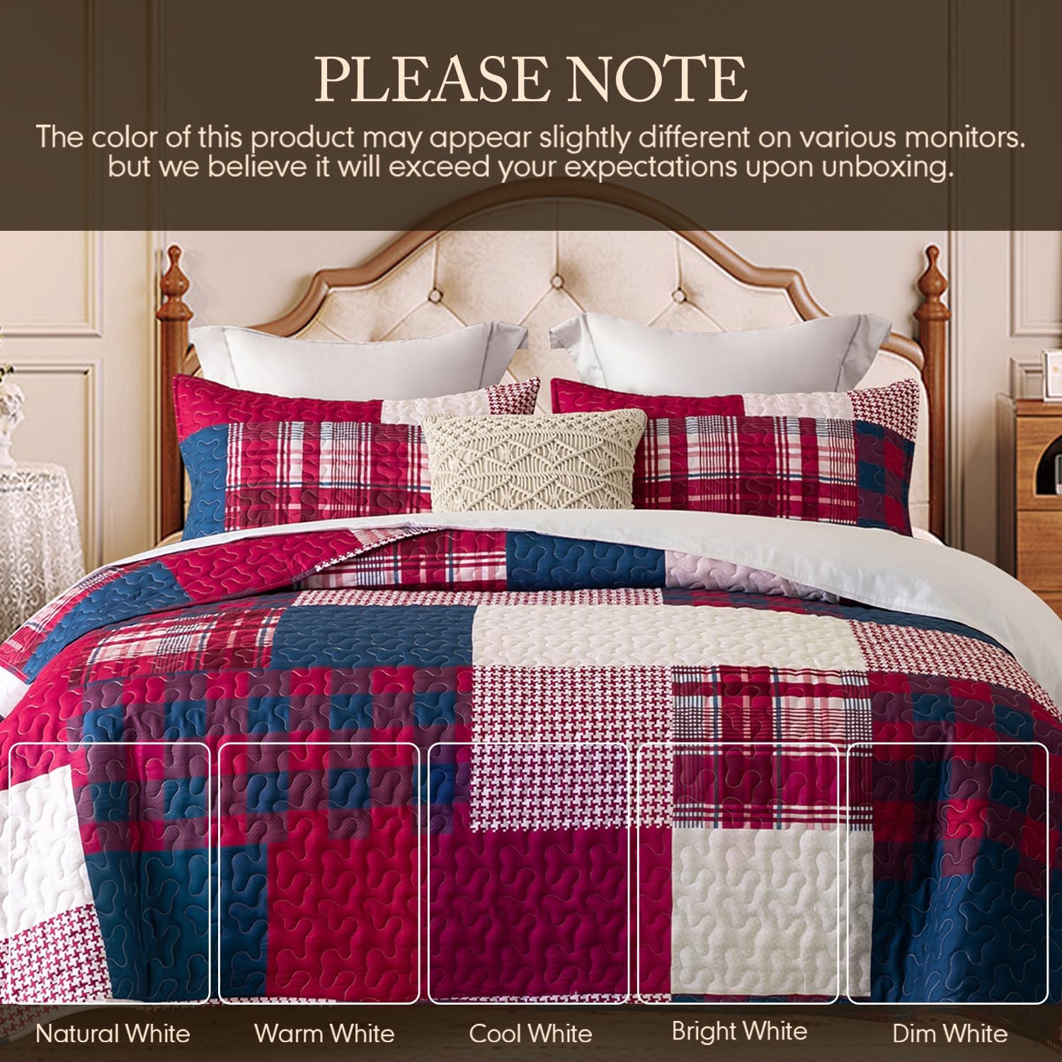 DURLENGEN Red Navy Patchwork Quilt Set 3Pcs