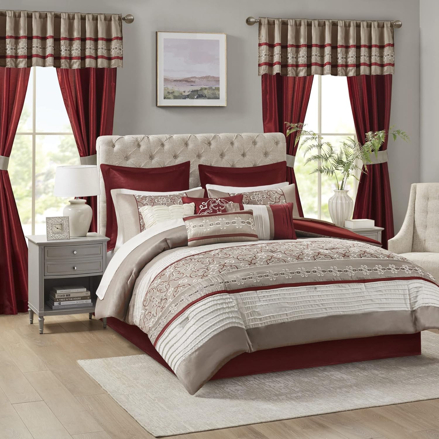 Madison Park Essentials Jelena Faux Silk Comforter Set 24 Piece Queen Red