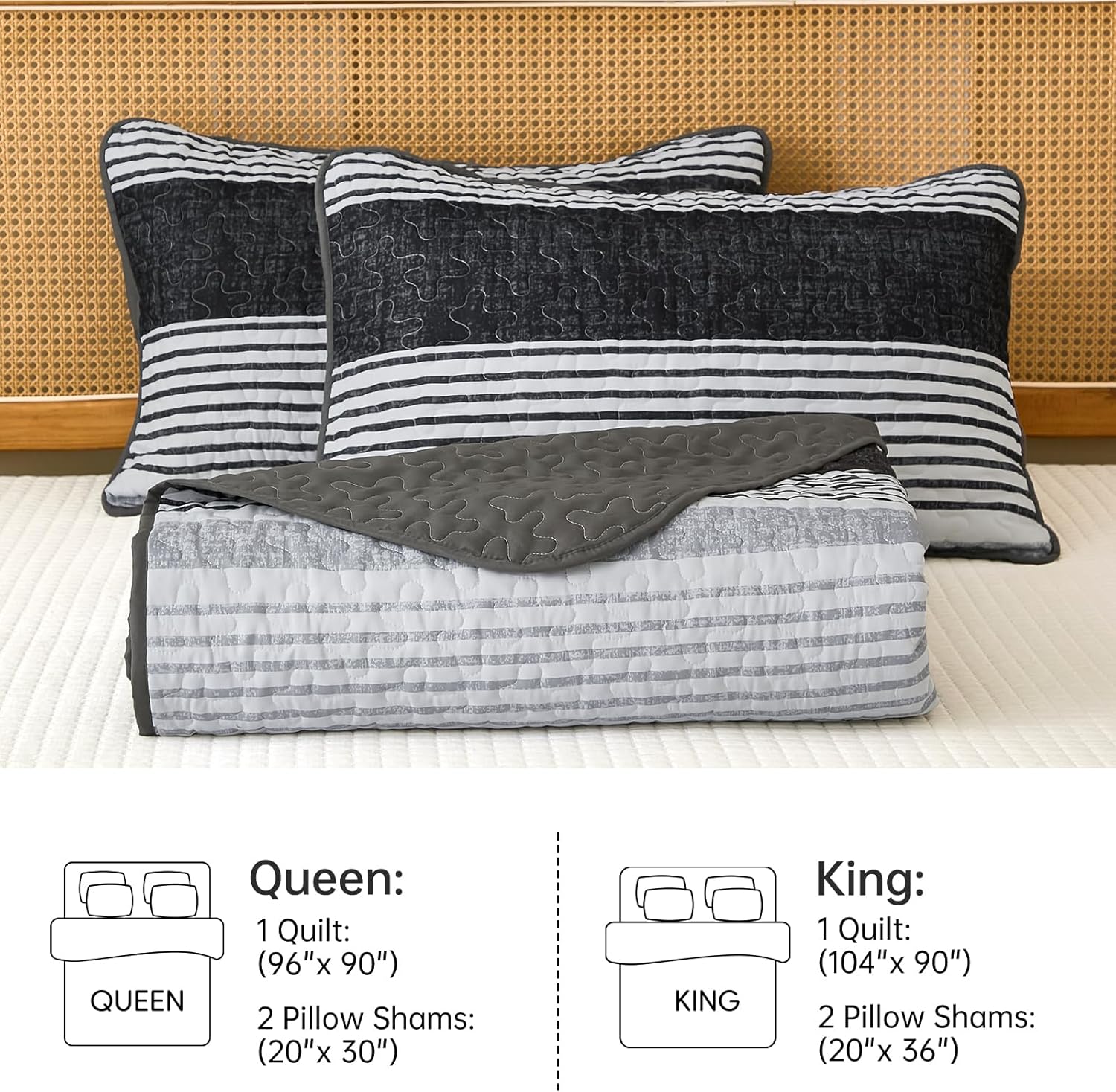 Xruibed King Size Quilt Set 3 Pieces Striped Patchwork