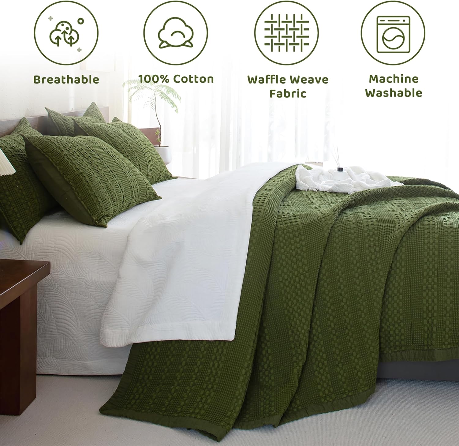 Sanracie Cotton Waffle Quilt Set King Size Olive Green