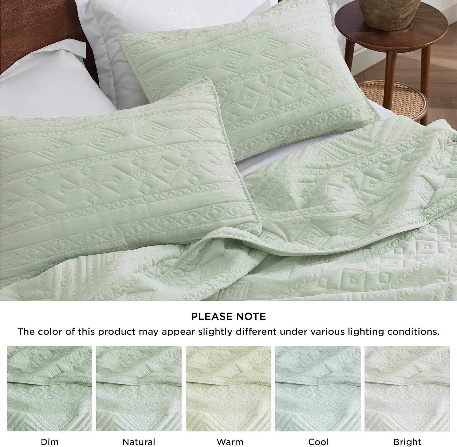 Bedsure Boho Queen Quilt Set - Geometric Pattern Sage Green 90x96 Inches