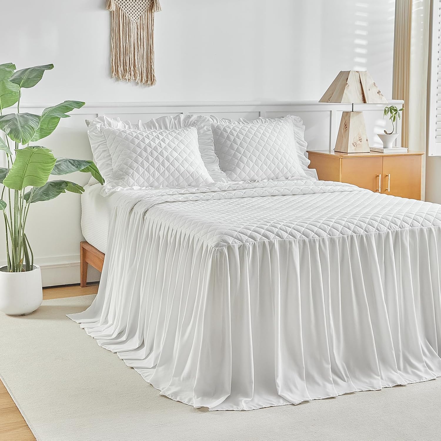 UOZZI BEDDING Ruffle Skirt Bedspread Set - King Size White