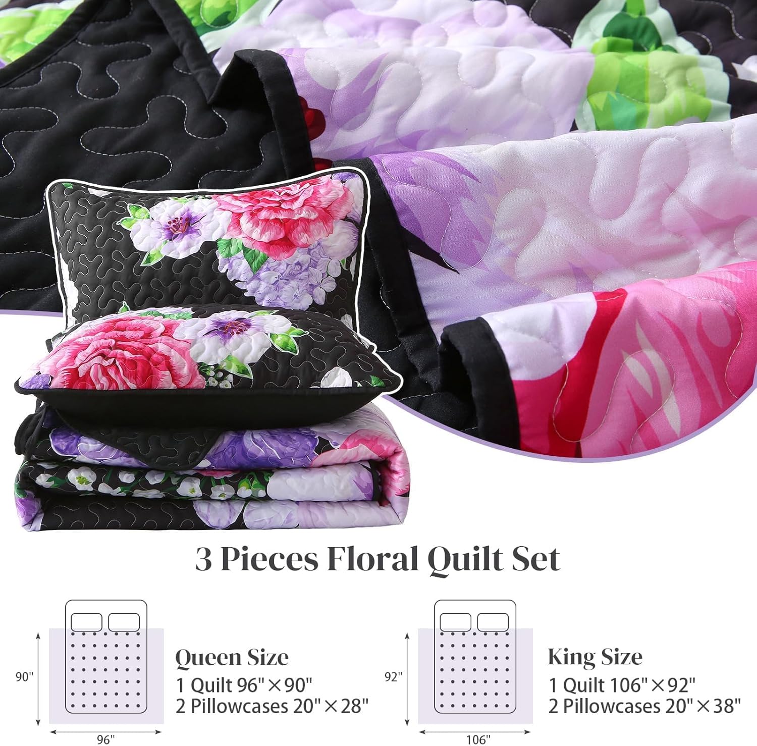 Heymybed Black Floral Quilt Set King Size 3 Pieces