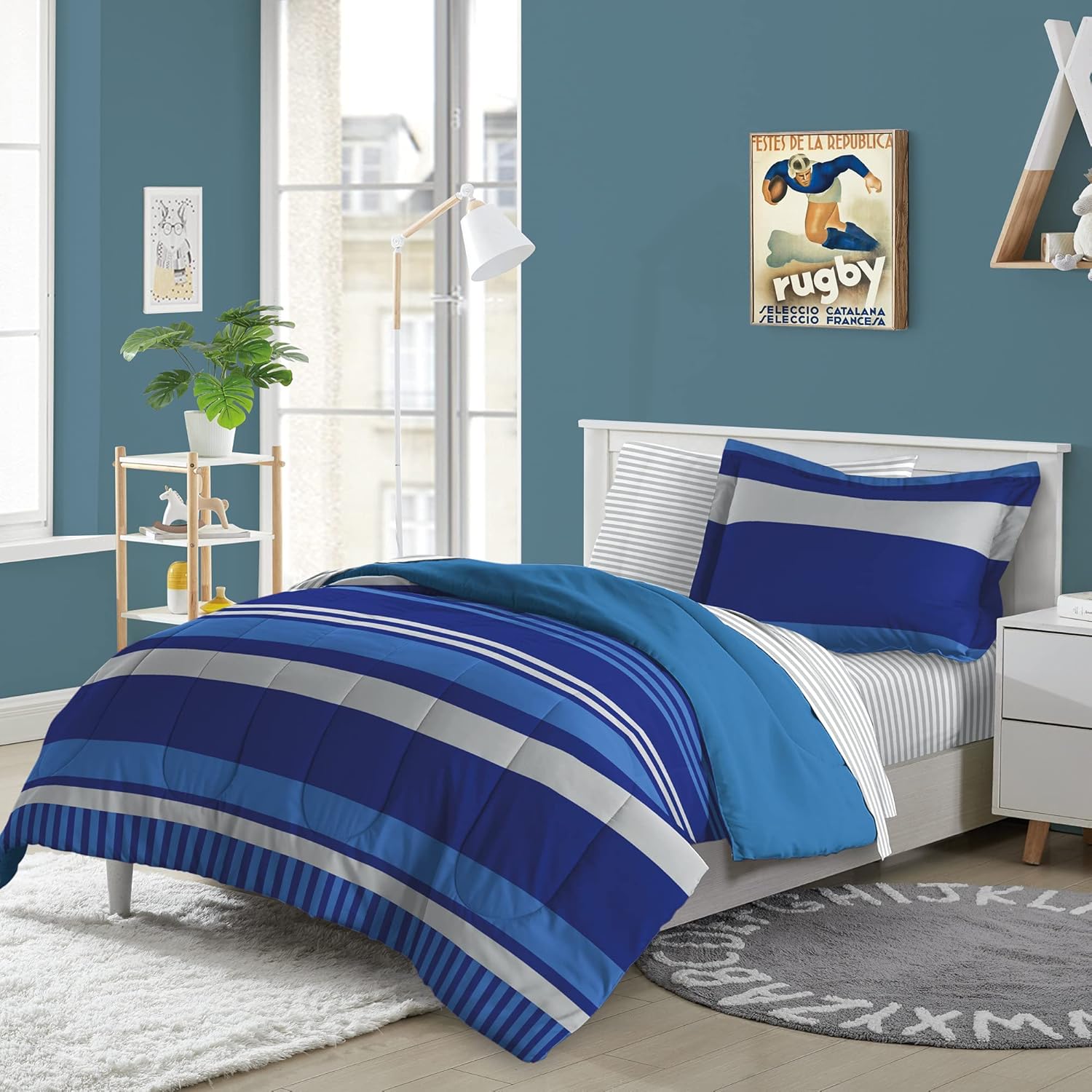 Dream Factory Kids 5-Piece Comforter Set Twin Blue Rugby Stripe