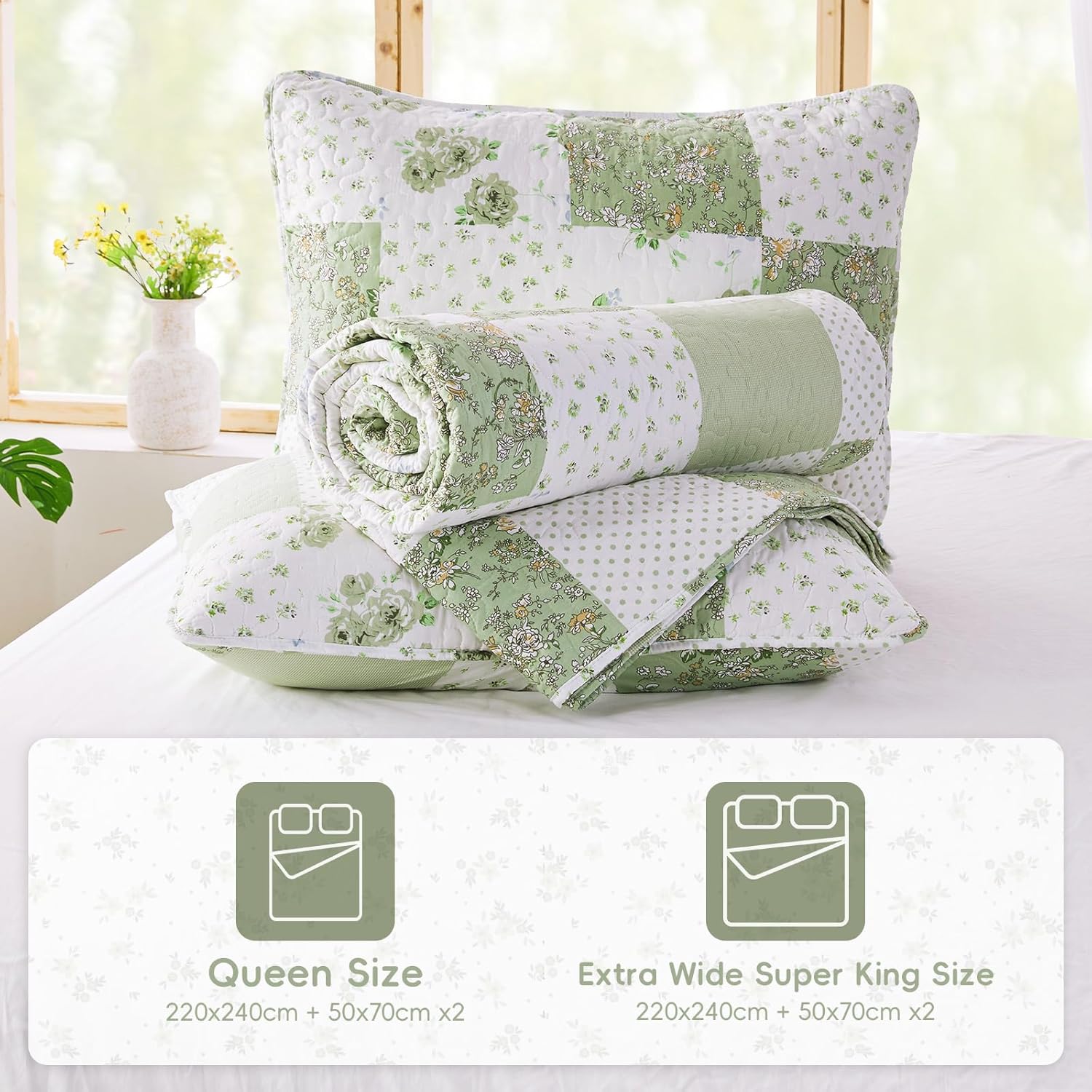 VIVILINEN Full Queen Green Floral Plaid Quilt Set
