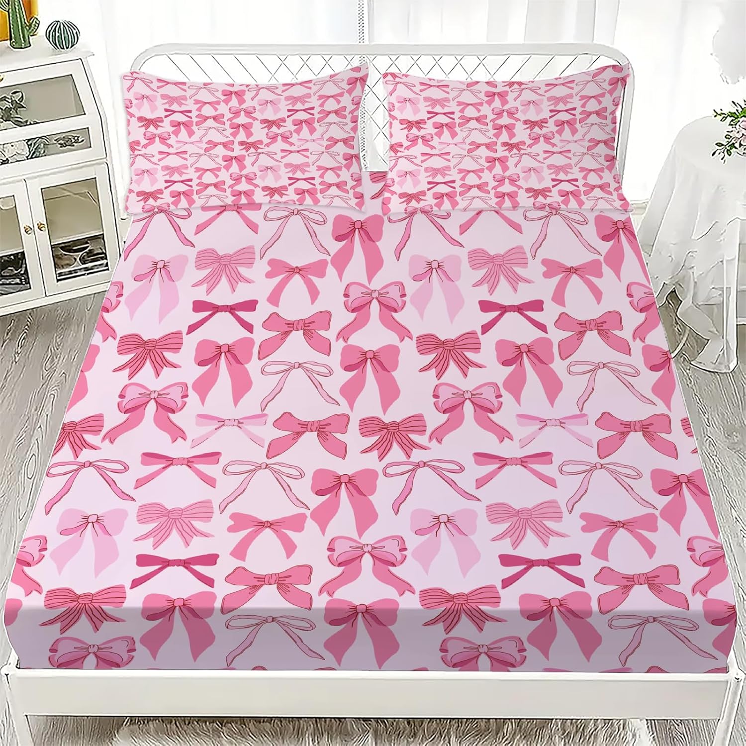 Pink Bow Kids Fitted Sheet Set with Pillowcases