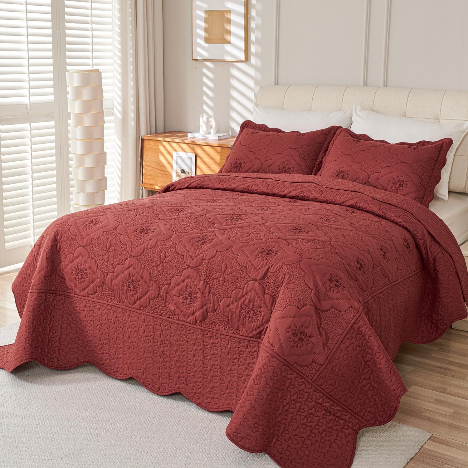 Cmfshape Queen Quilt Set 3 Pieces - Burgundy Floral Embroidery