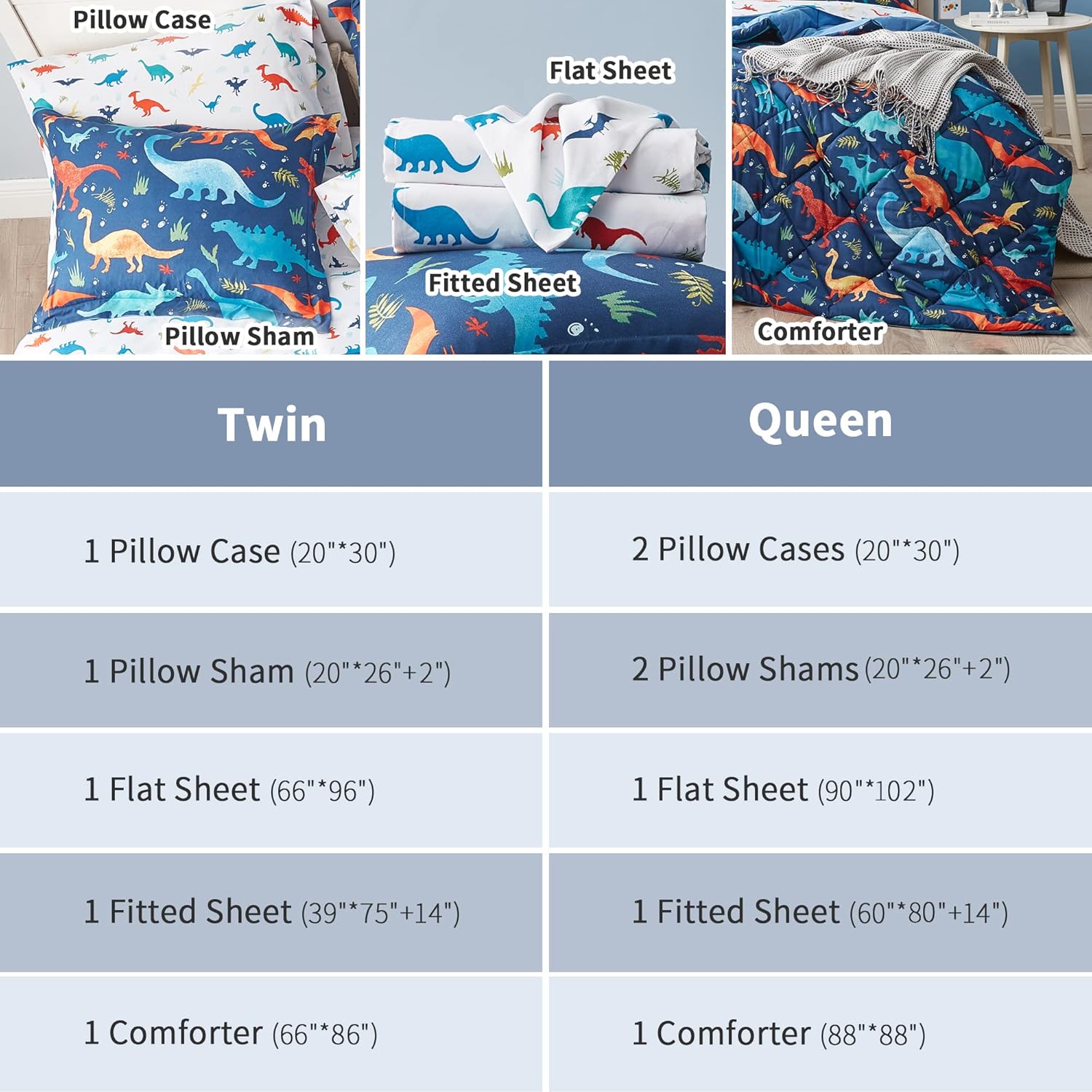 UMCHORD Kids Dinosaur Queen Comforter Set 7 Pc