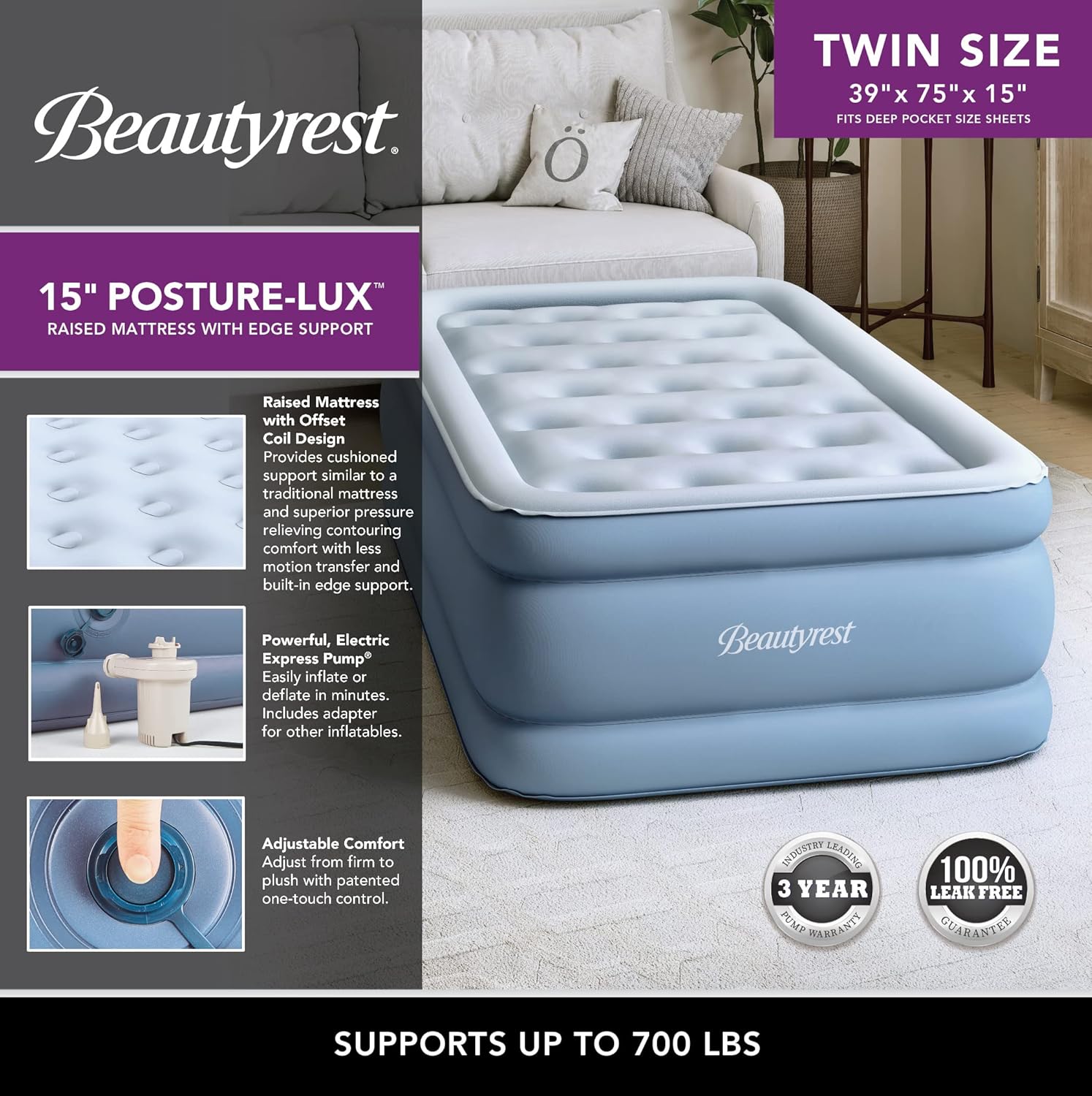 Beautyrest Posture Lux Air Bed Mattress 15 Twin