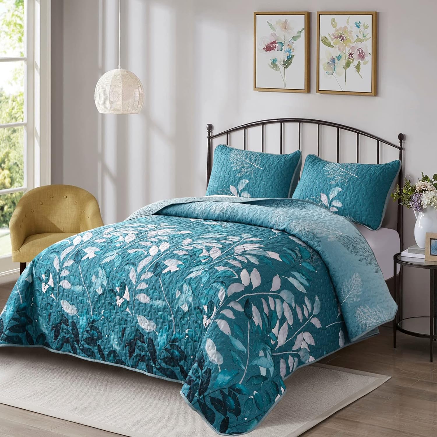 WONGS BEDDING Teal Floral Quilt Set 3PCS Full Size
