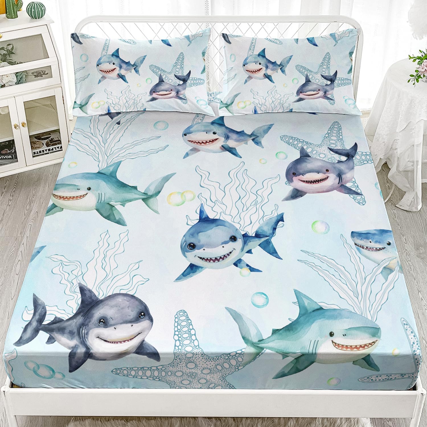 AILONEN Shark Fitted Sheet Set Twin XL - Ocean Blue Starfish