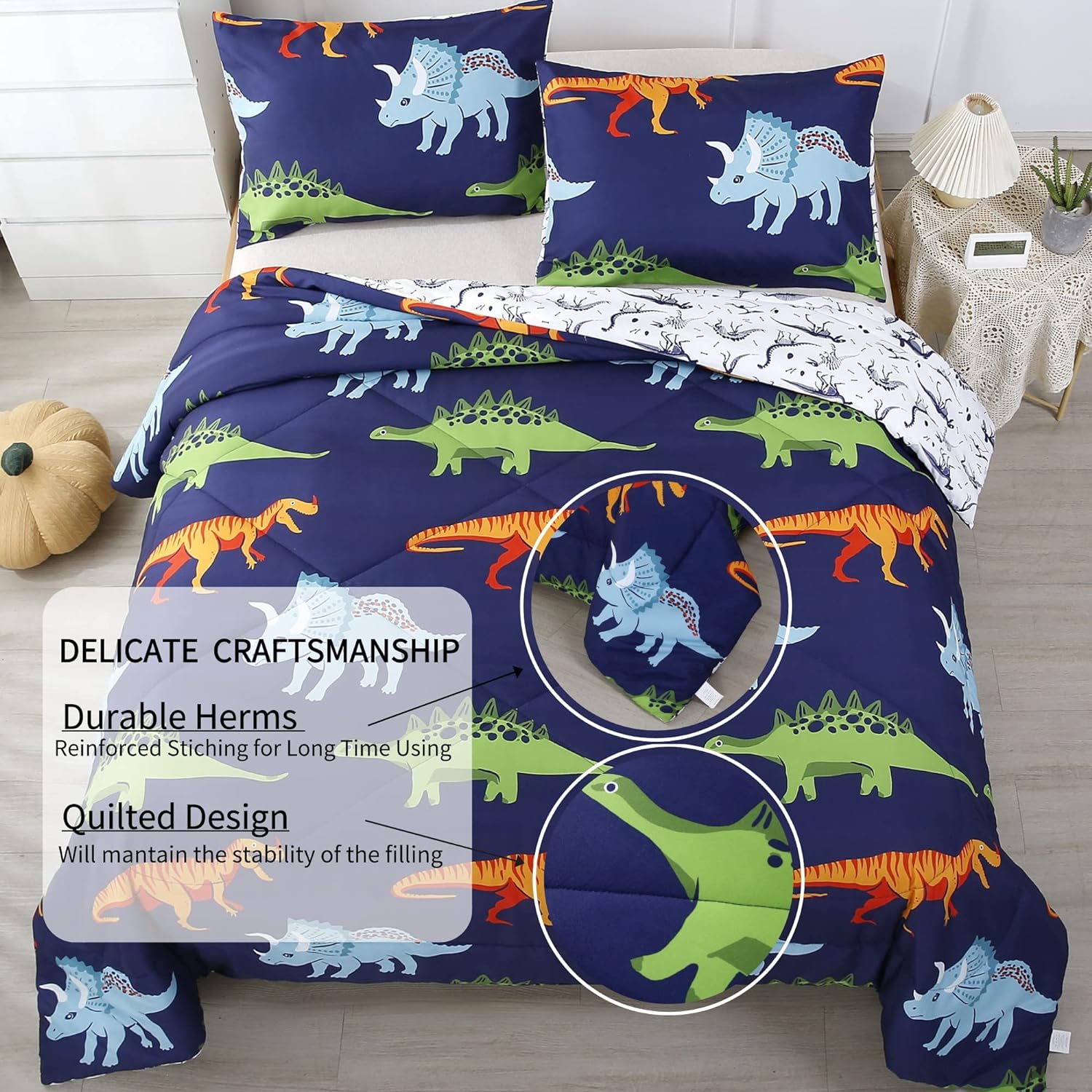RYNGHIPY Dinosaur Comforter Set Twin Size Dark Blue Kids Bedding