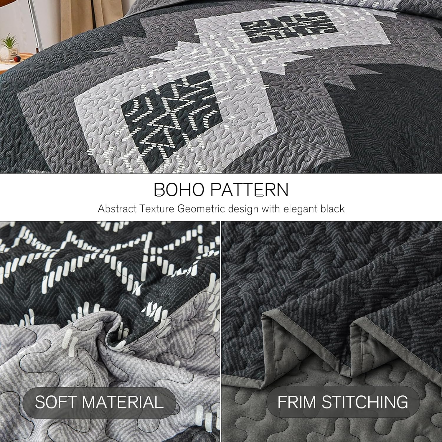 Dintszyayue Black Boho Quilt Set 3 Piece California King 1