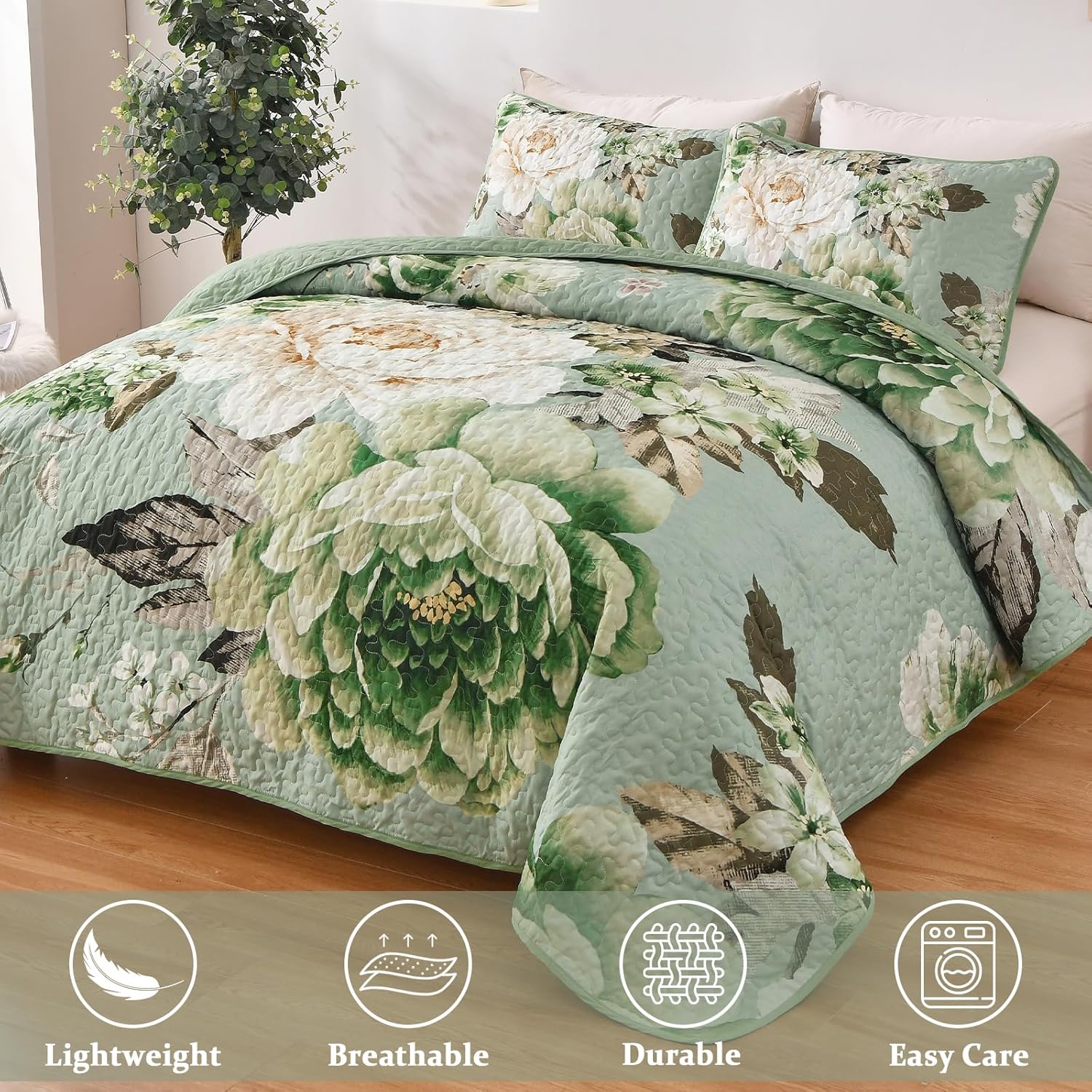 WONGS BEDDING Sage Green Floral Quilt Set King