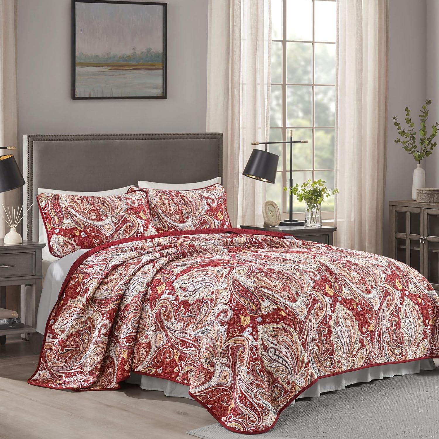 DJY Red Paisley Quilt Set - King Size 3 Piece