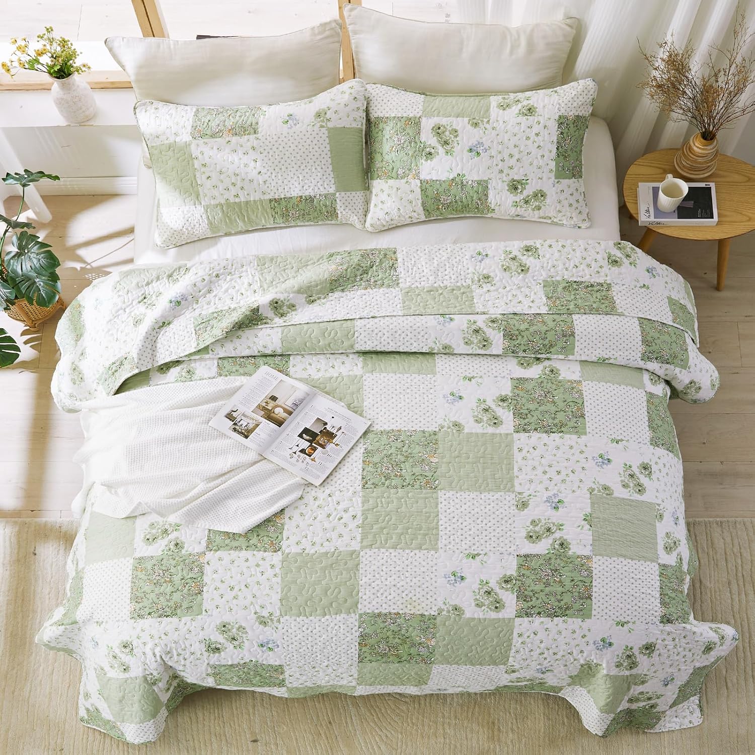 VIVILINEN Full Queen Green Floral Plaid Quilt Set