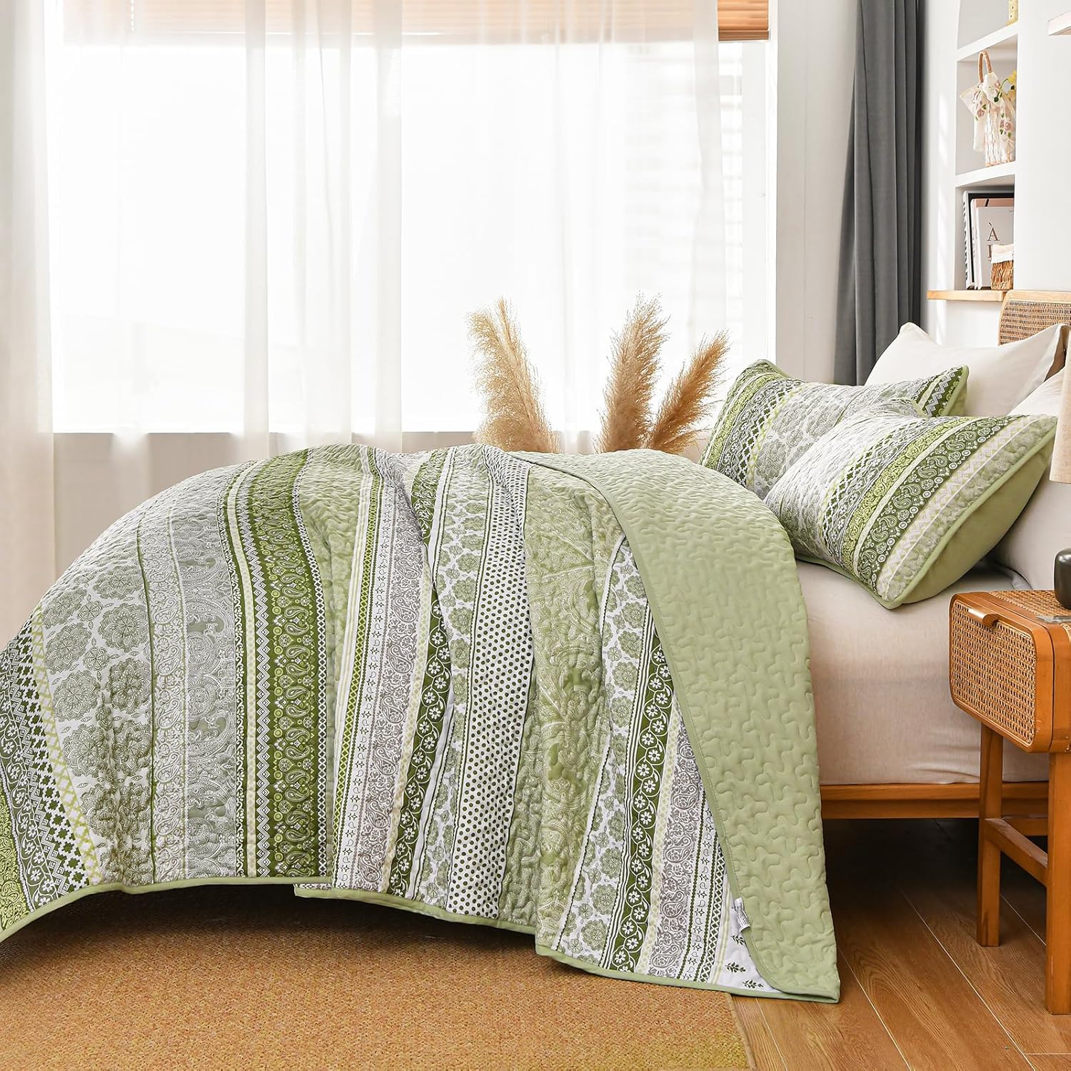 WONGS BEDDING Sage Green Boho Quilt Set Queen Size 3 Pieces