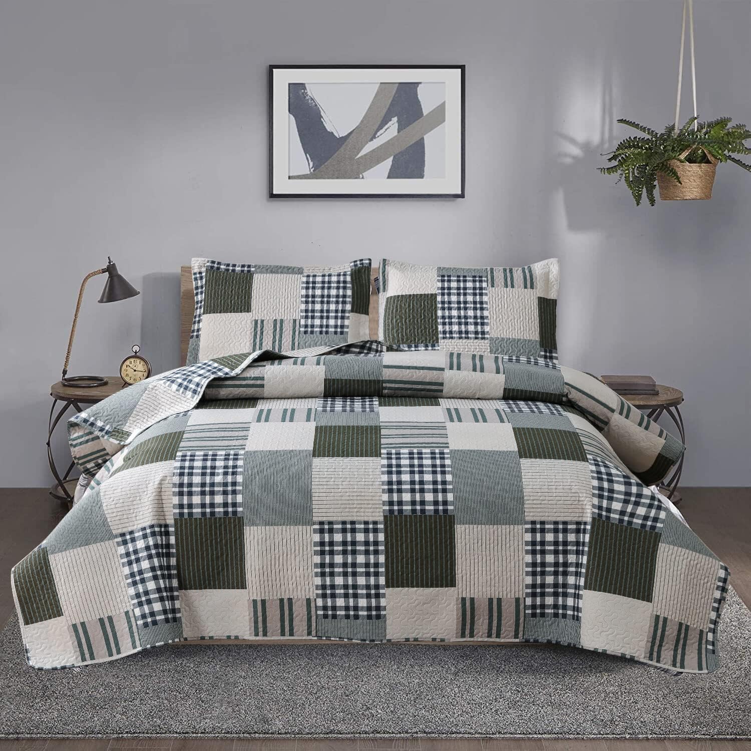 Jessy Home Queen Size Plaid Patchwork Bedspread Set