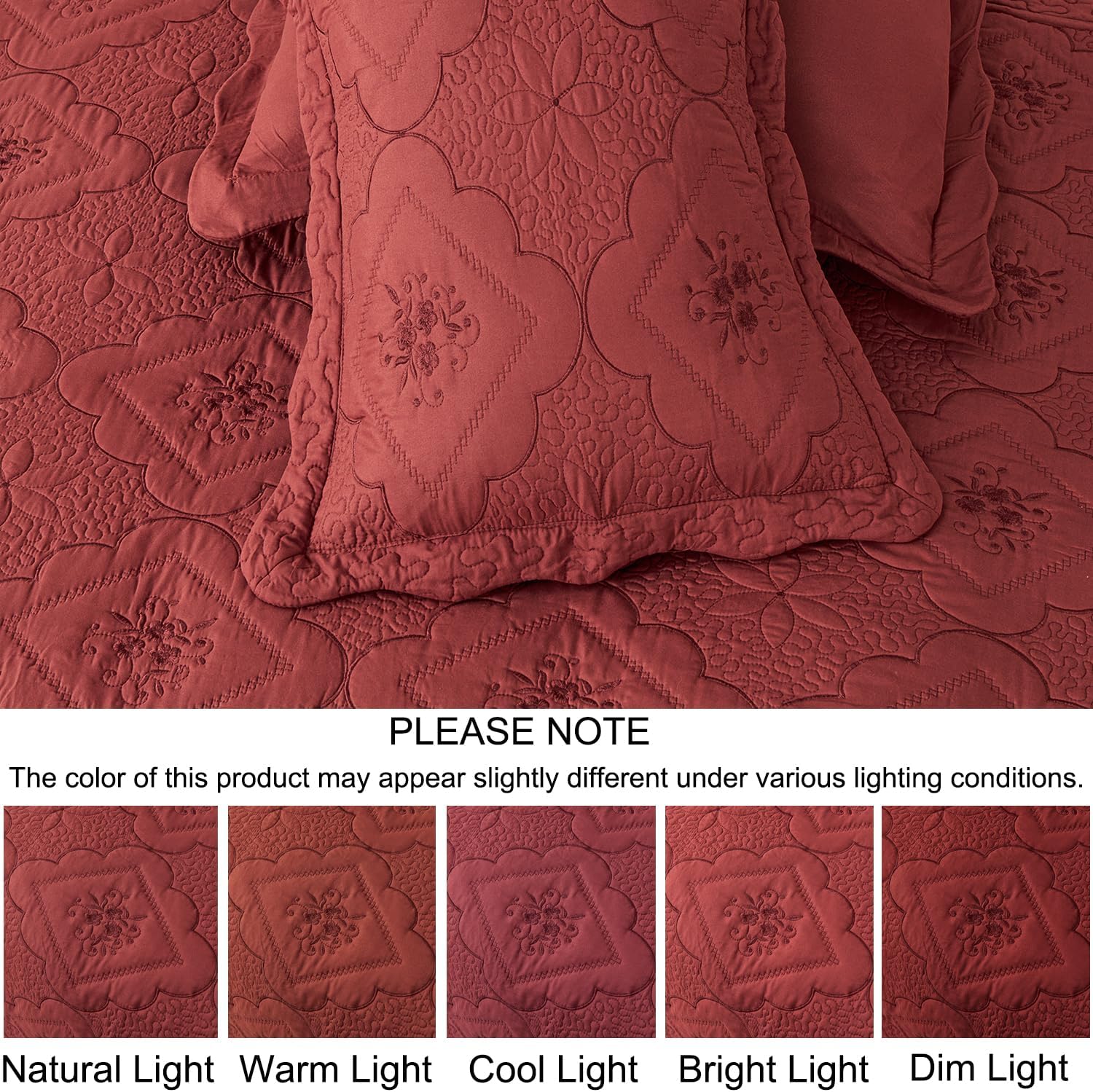 Cmfshape Queen Quilt Set 3 Pieces - Burgundy Floral Embroidery
