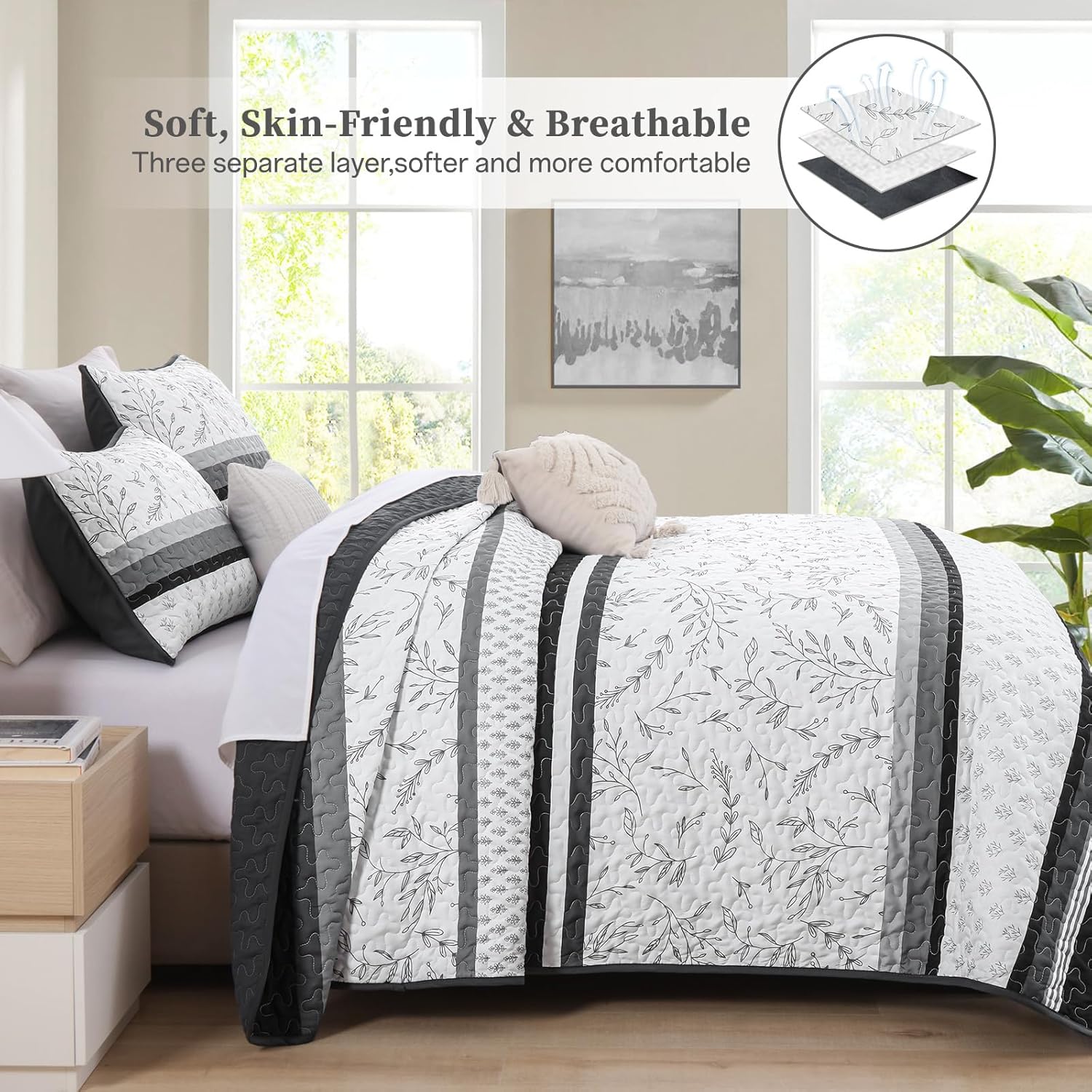 DJY Black Striped King Quilt Set with Pillowcases