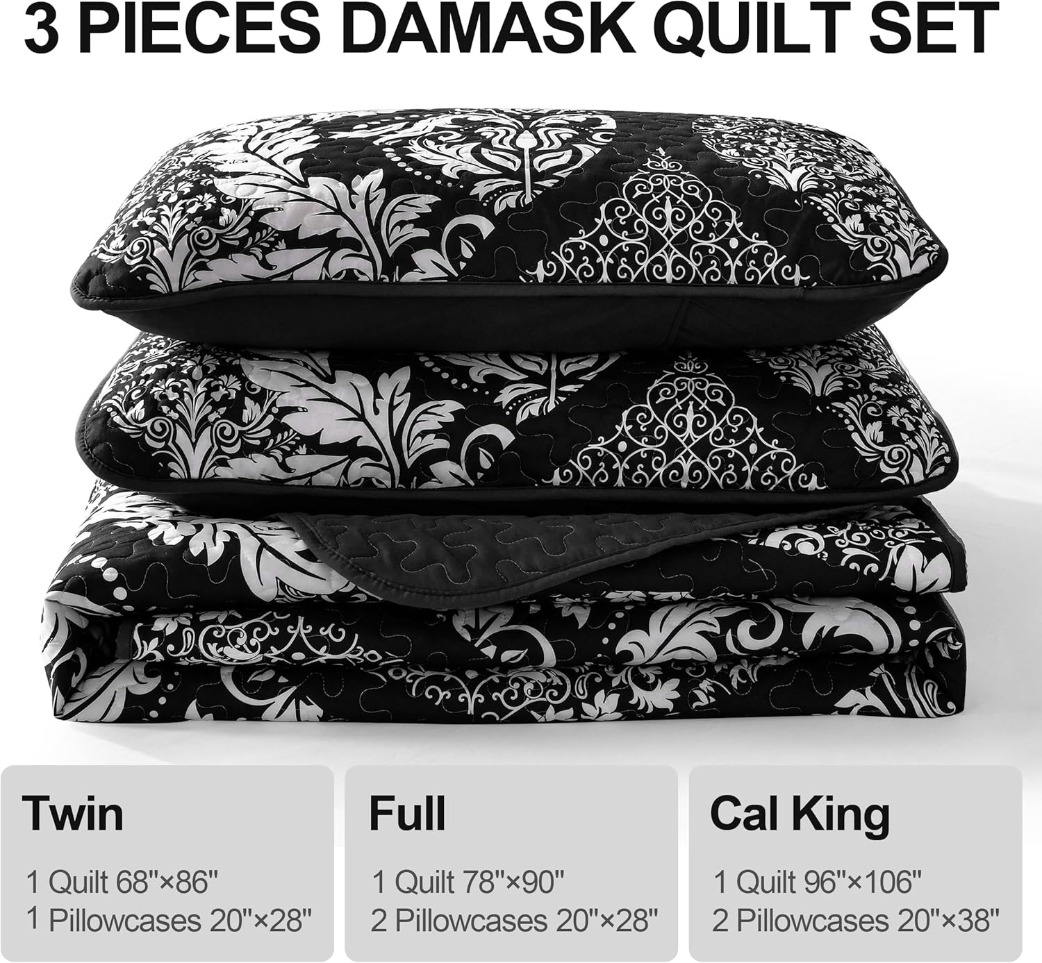 DJY Black Damask Cal King Quilt Set 3 Pieces