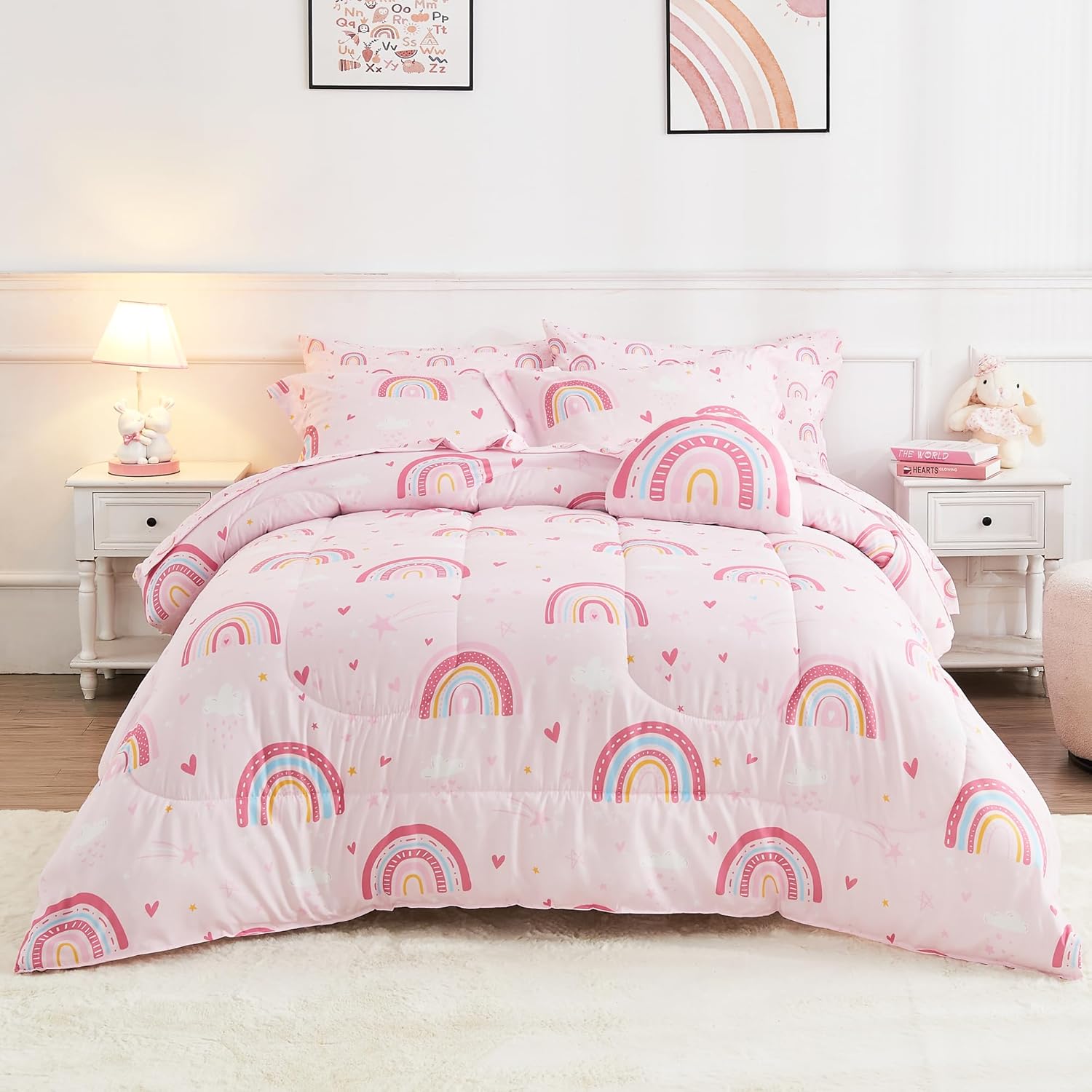 Mooreeke Kids Bed in a Bag Set 6 Pieces Twin Rainbow Pink