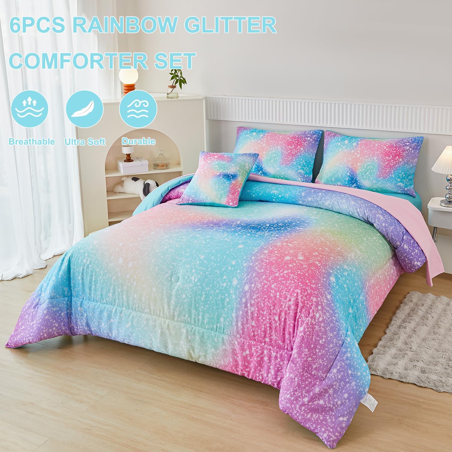 PERFEMET 6-Piece Rainbow Comforter Set for Girls