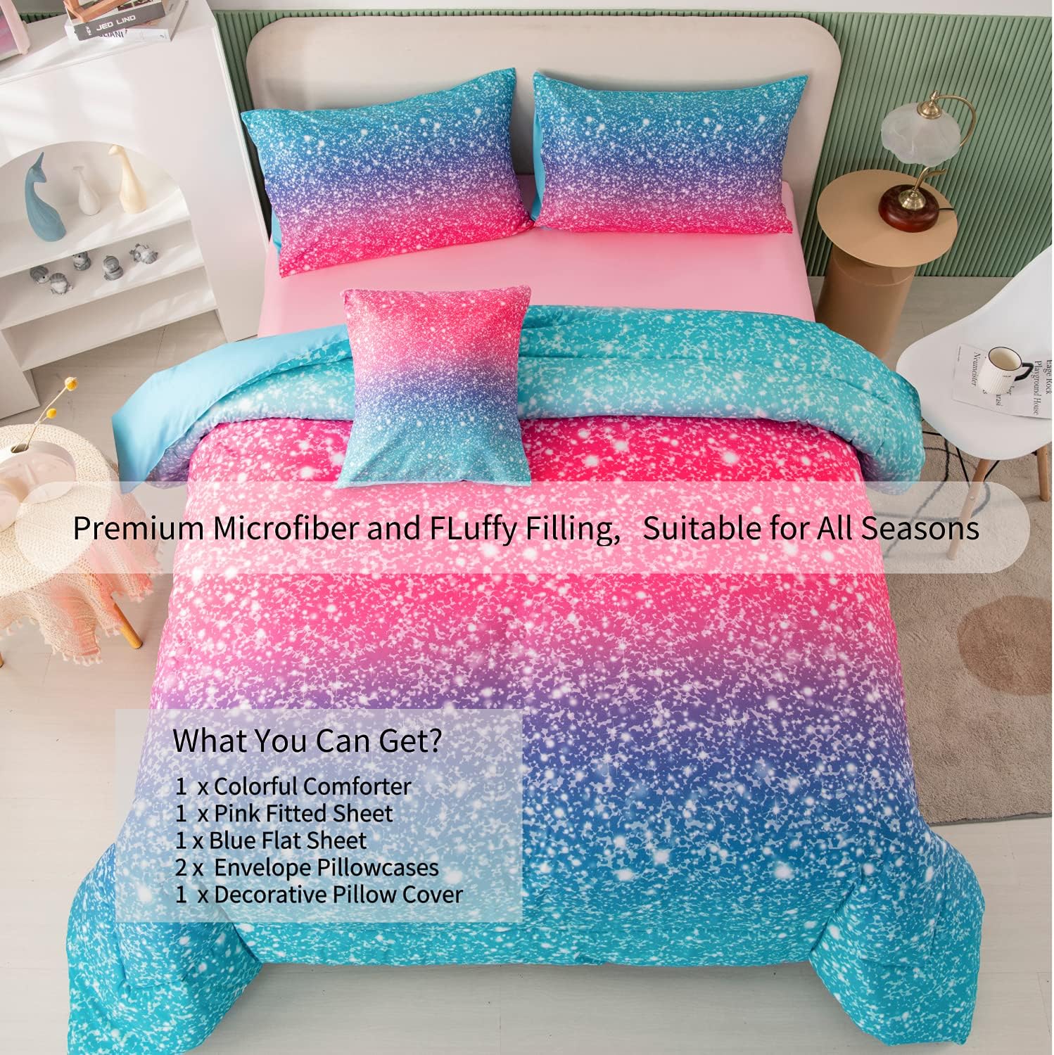 RYNGHIPY 6Pcs Glitter Comforter Set for Teen Girls
