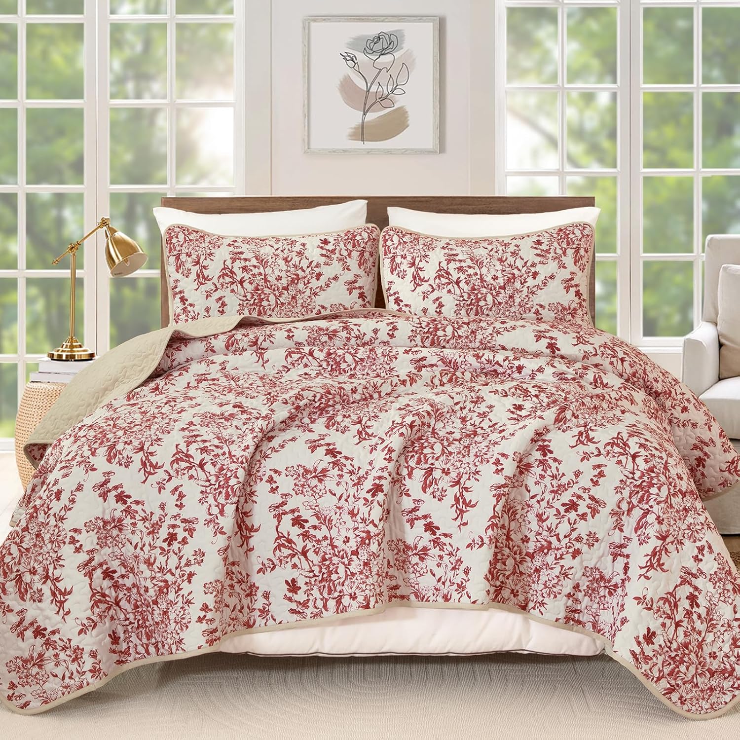 WONGS BEDDING King Size Quilt Set Red 3 Pieces