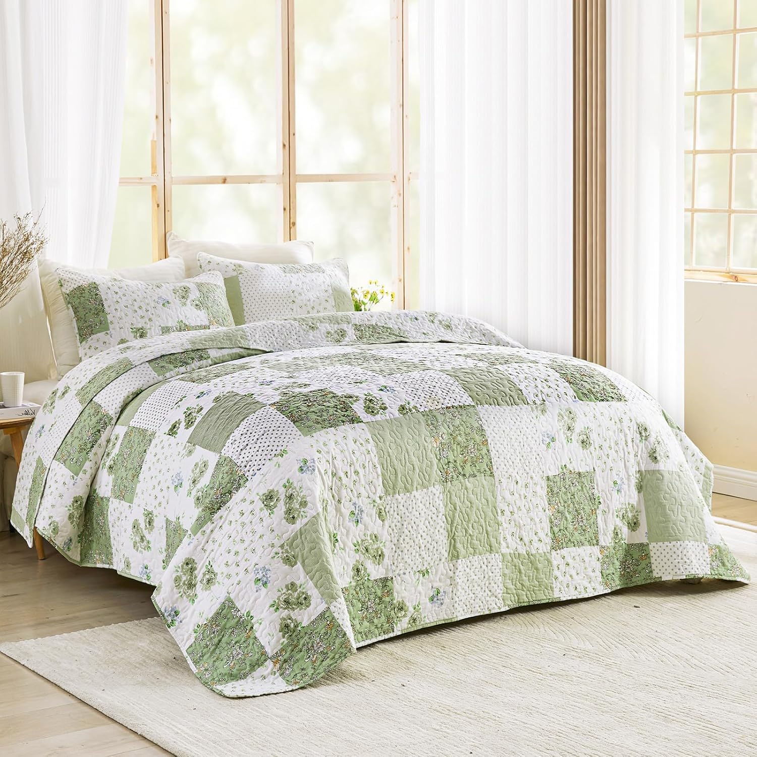 VIVILINEN Full Queen Green Floral Plaid Quilt Set
