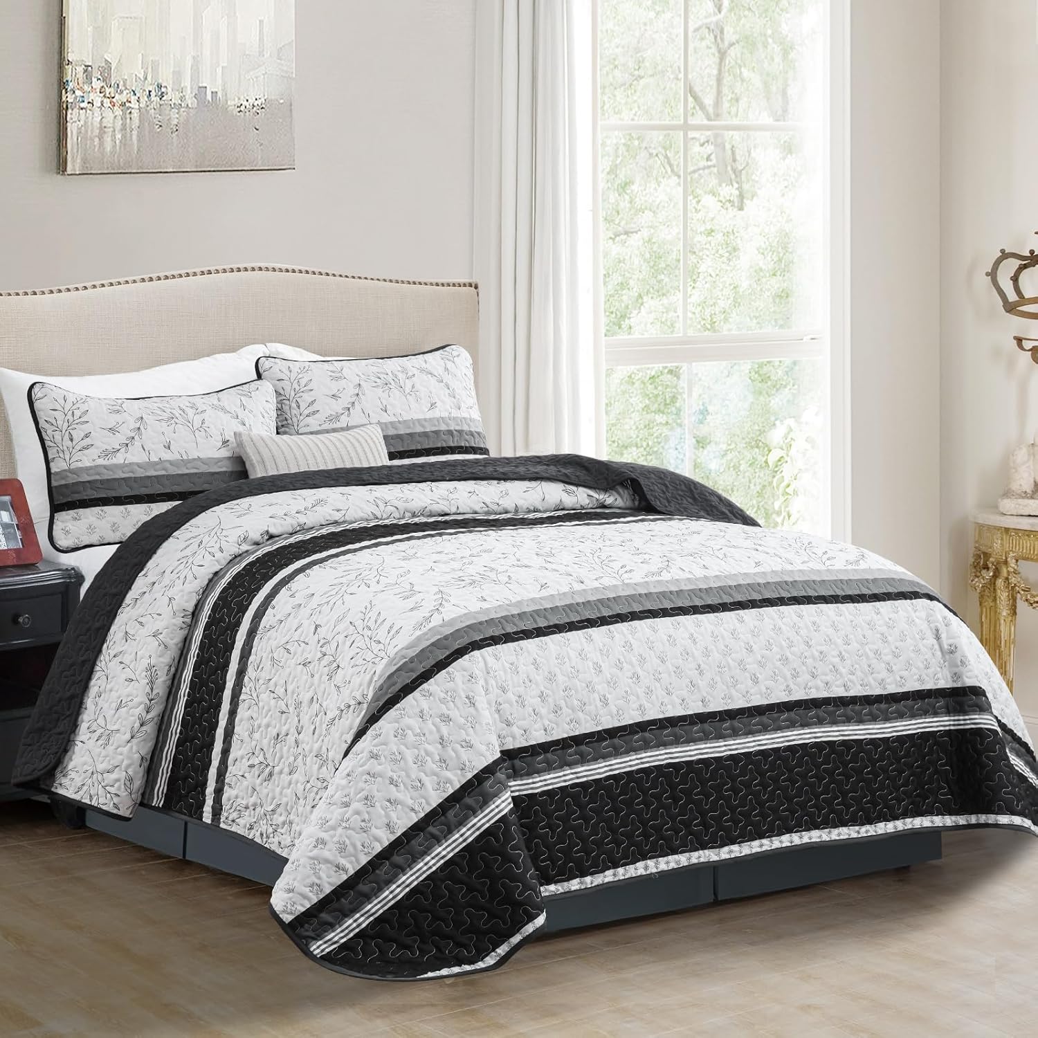 DJY Black Striped King Quilt Set with Pillowcases