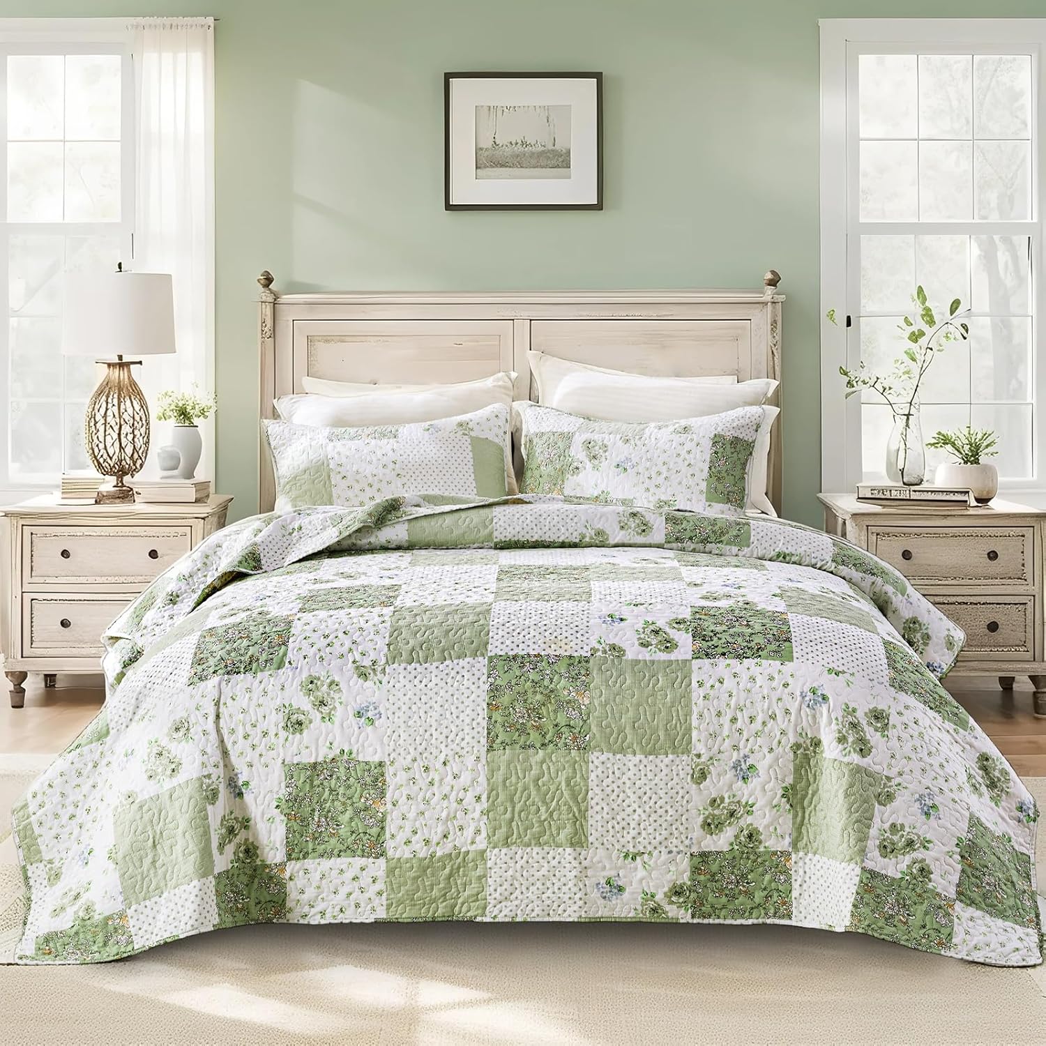 VIVILINEN Full Queen Green Floral Plaid Quilt Set