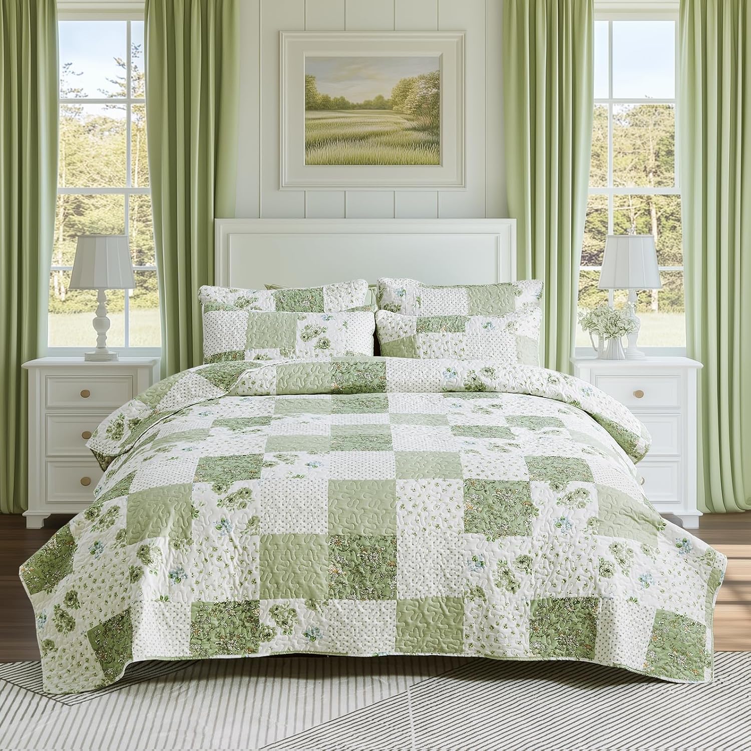 VIVILINEN Full Queen Green Floral Plaid Quilt Set