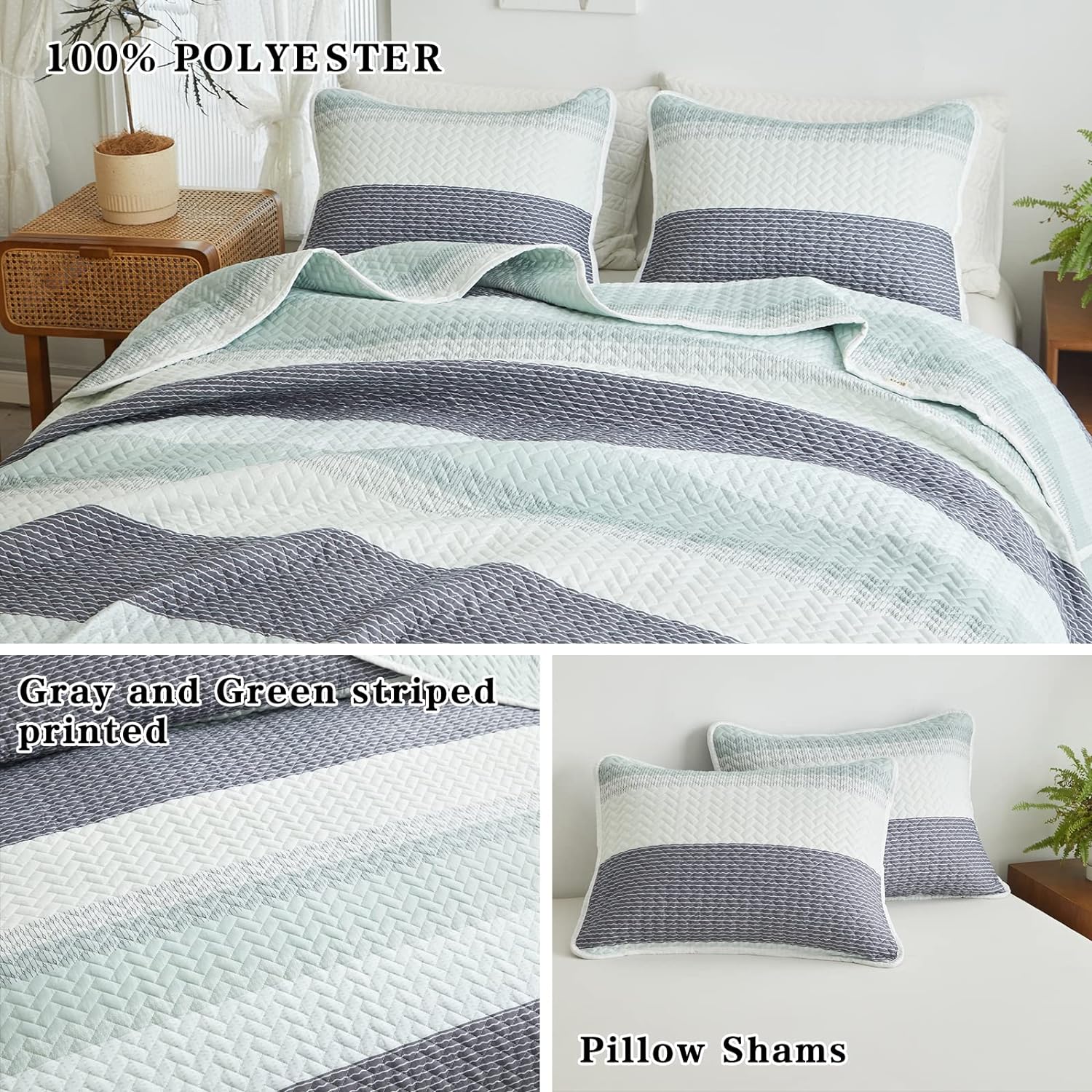 Flysheep Boho Striped Quilt Set Queen Size 3 Pcs Reversible Bedspread
