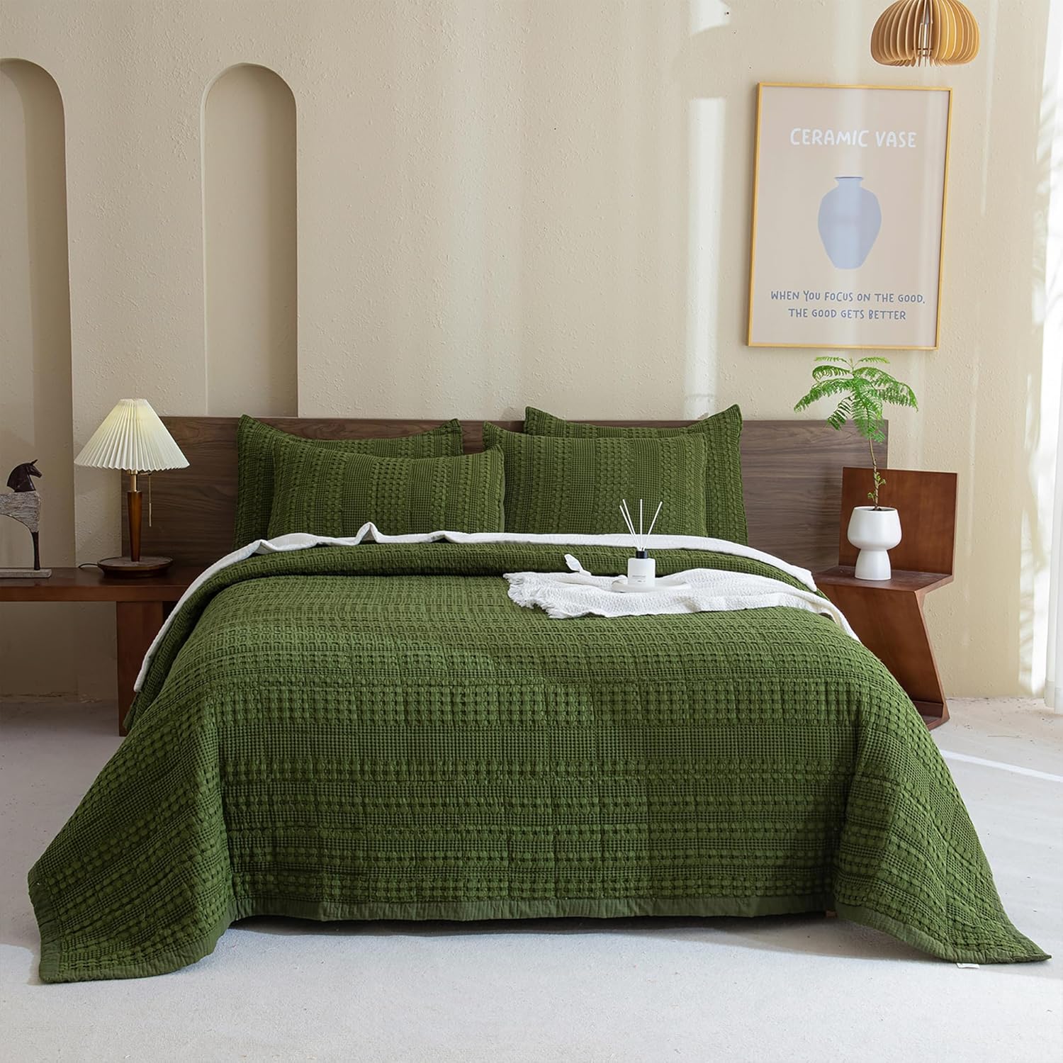 Sanracie Cotton Waffle Quilt Set King Size Olive Green