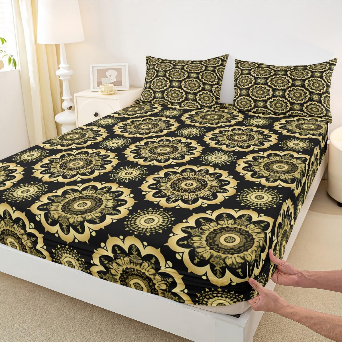 Jejeloiu Paisley Bedding Set with Black Gold Damask Pattern