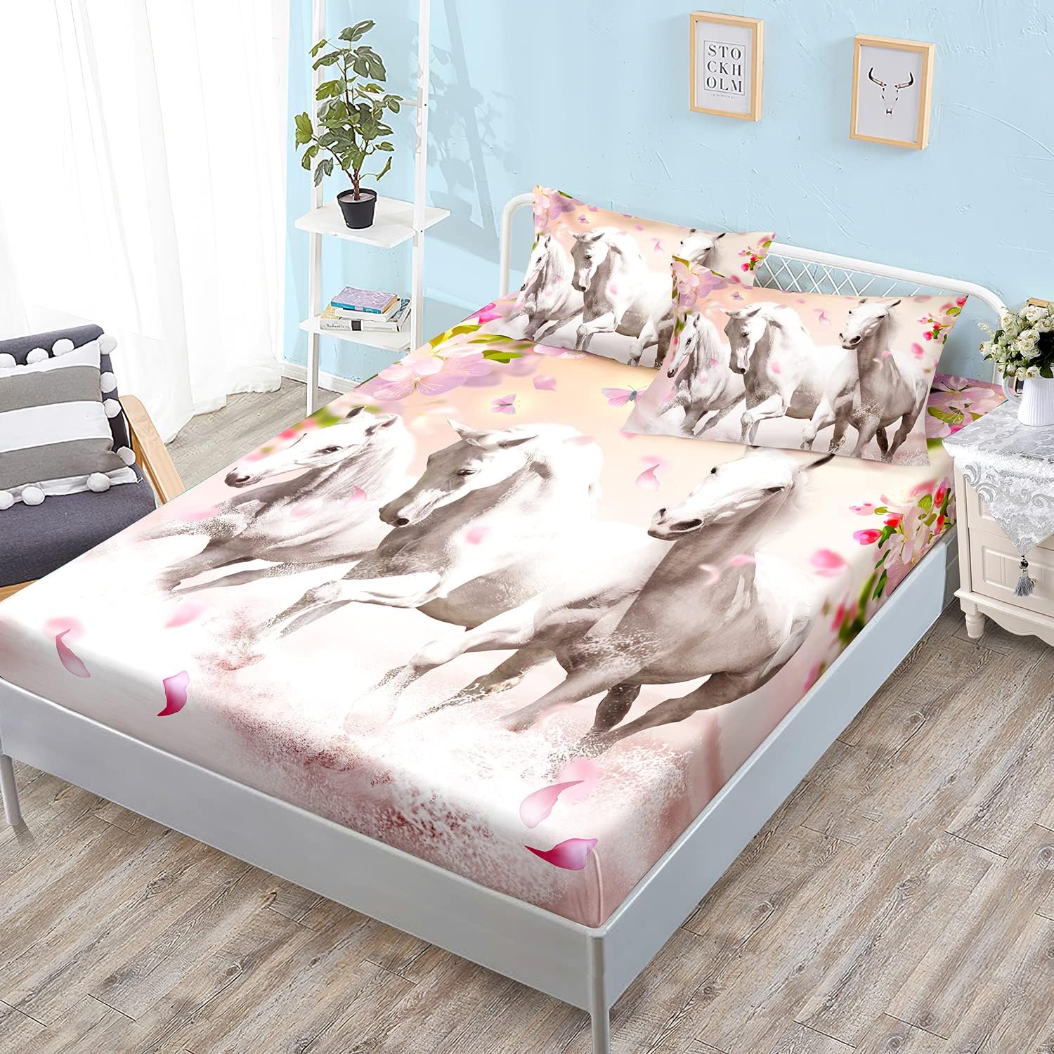 HOSIMA Pink Floral Horse Fitted Sheet Set Twin Size