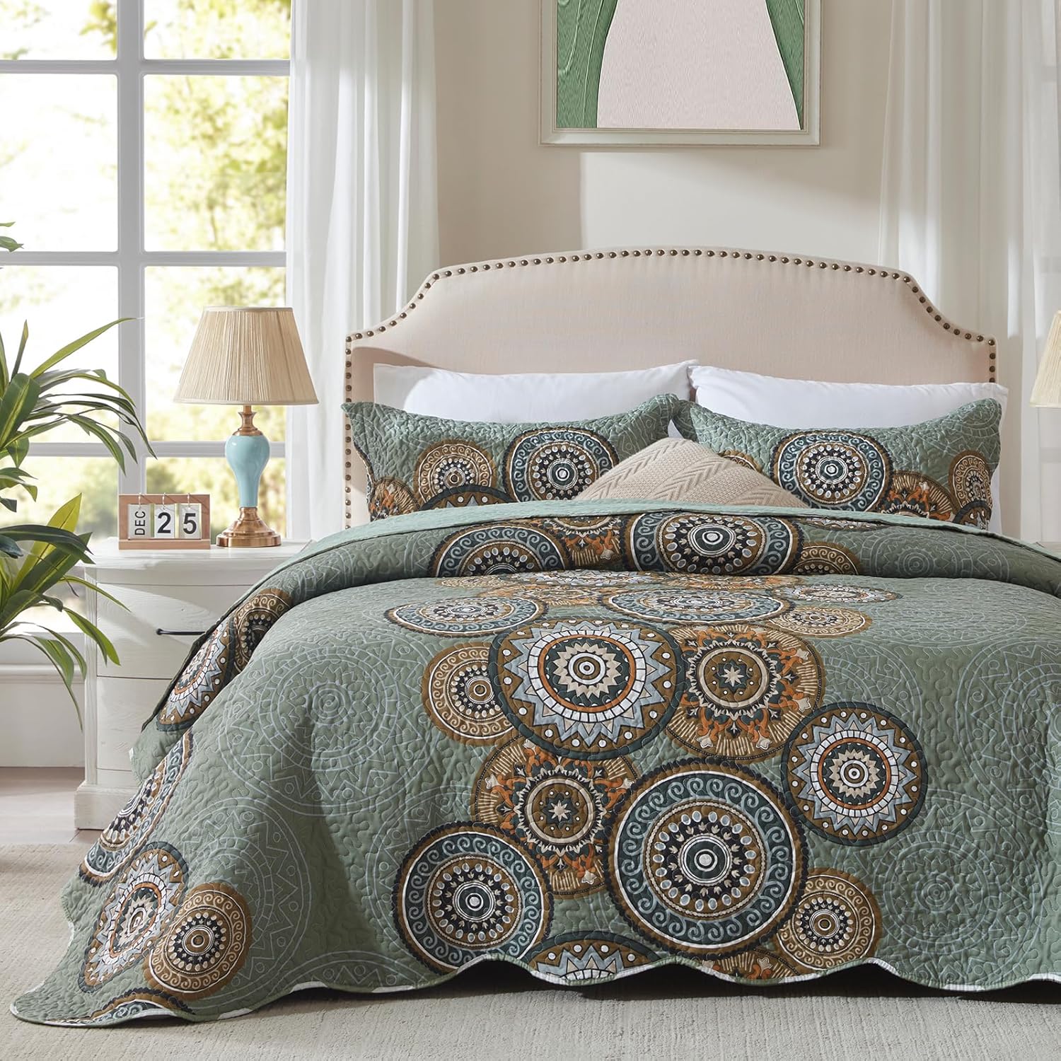 LEAONME Olive Green Queen Quilt Set 3-Piece