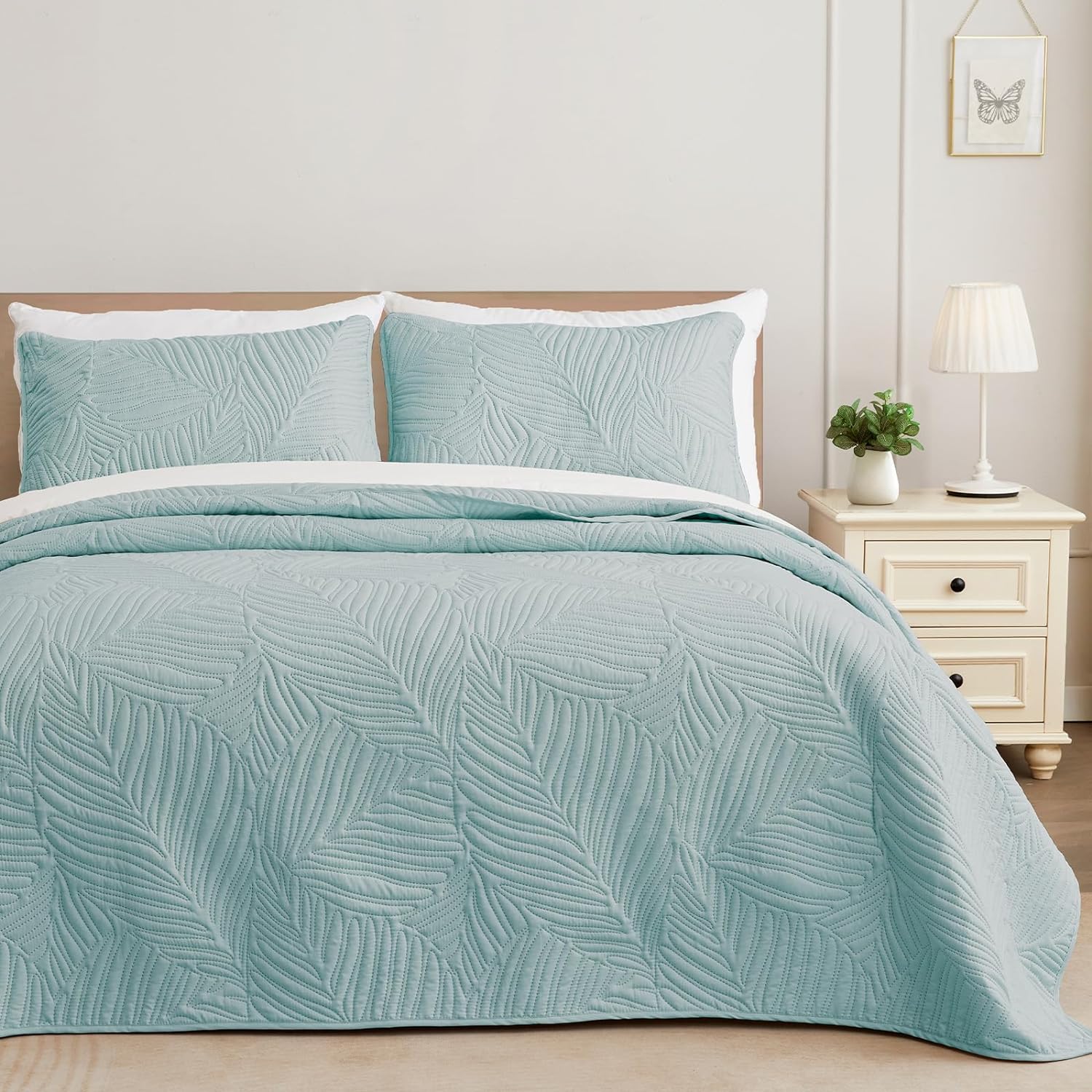 Exclusivo Mezcla Twin Quilt Bedding Set Aqua Blue Microfiber Leaf Pattern 2 Piece