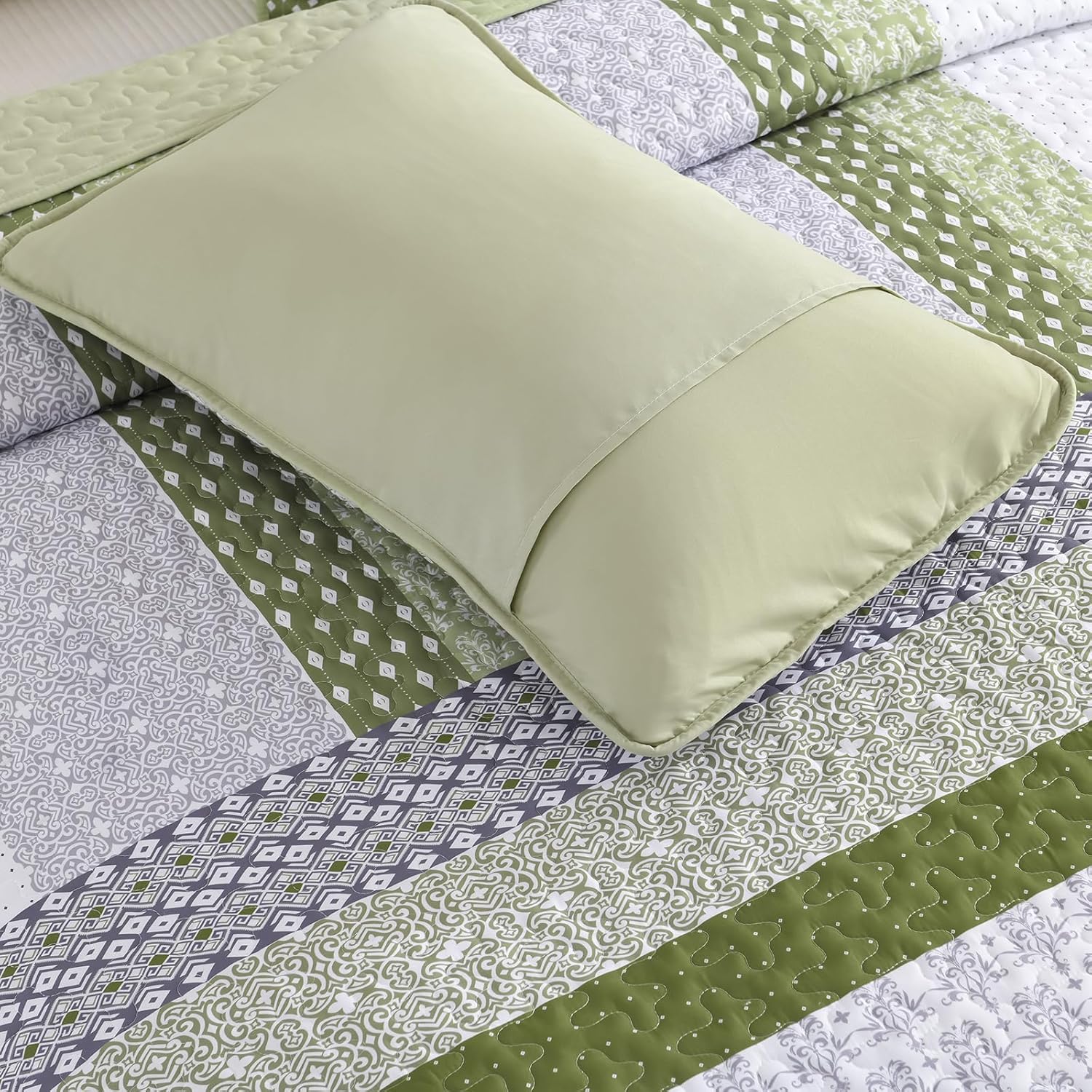WONGS BEDDING Olive Green Boho Quilt Set Queen Size 3 Pieces