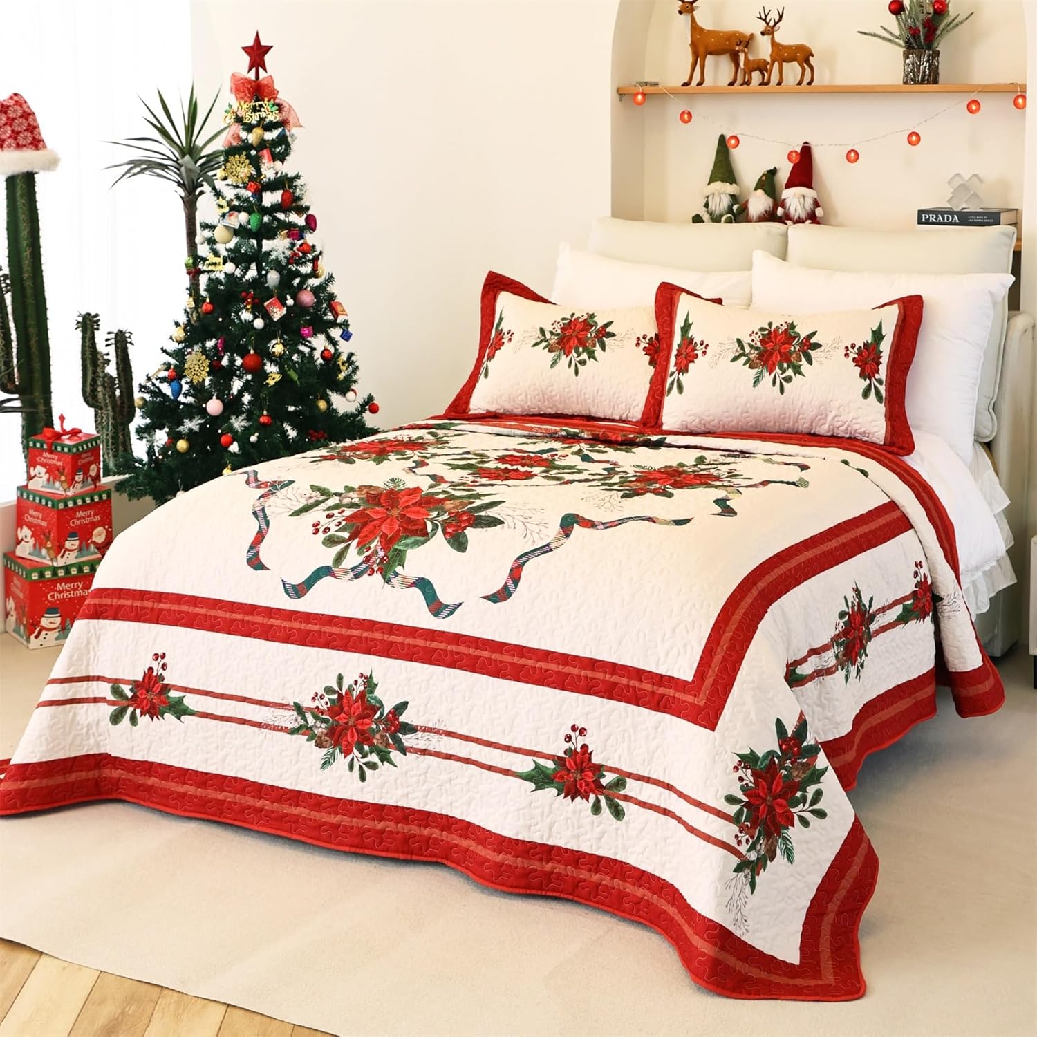 Cmfshape Christmas Bedspread Queen Size 3Pcs Red Set