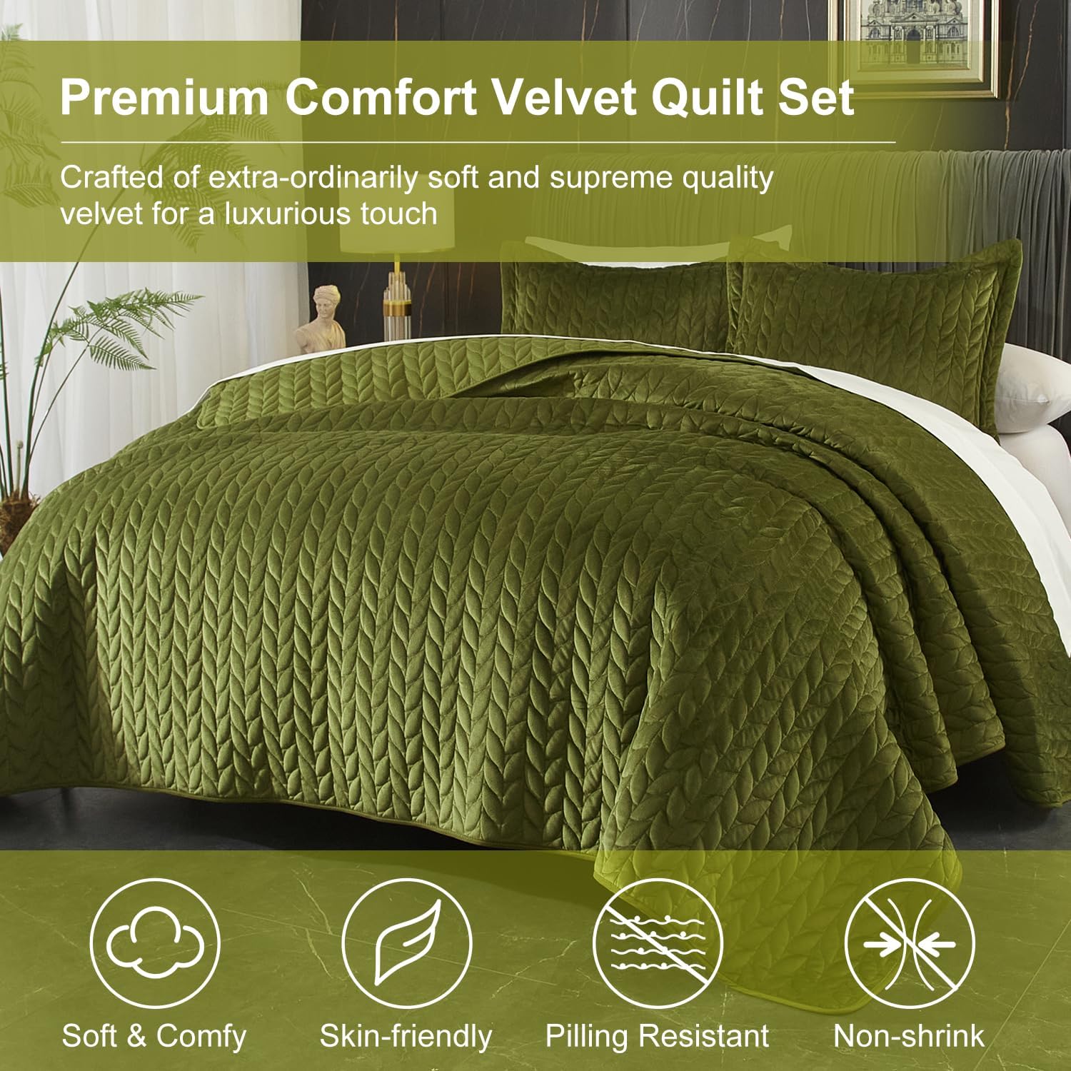 Ivellow Velvet Quilt Set Queen Size 3Pcs Luxury Comforter Bedspread