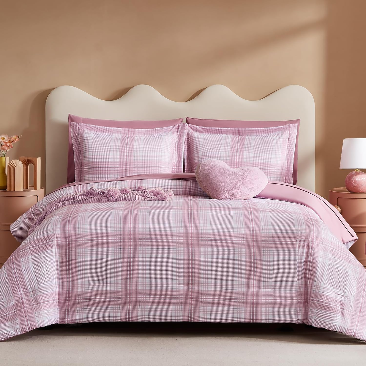 Rose Pink Plaid Comforter Set for Girls 7 Piece 1