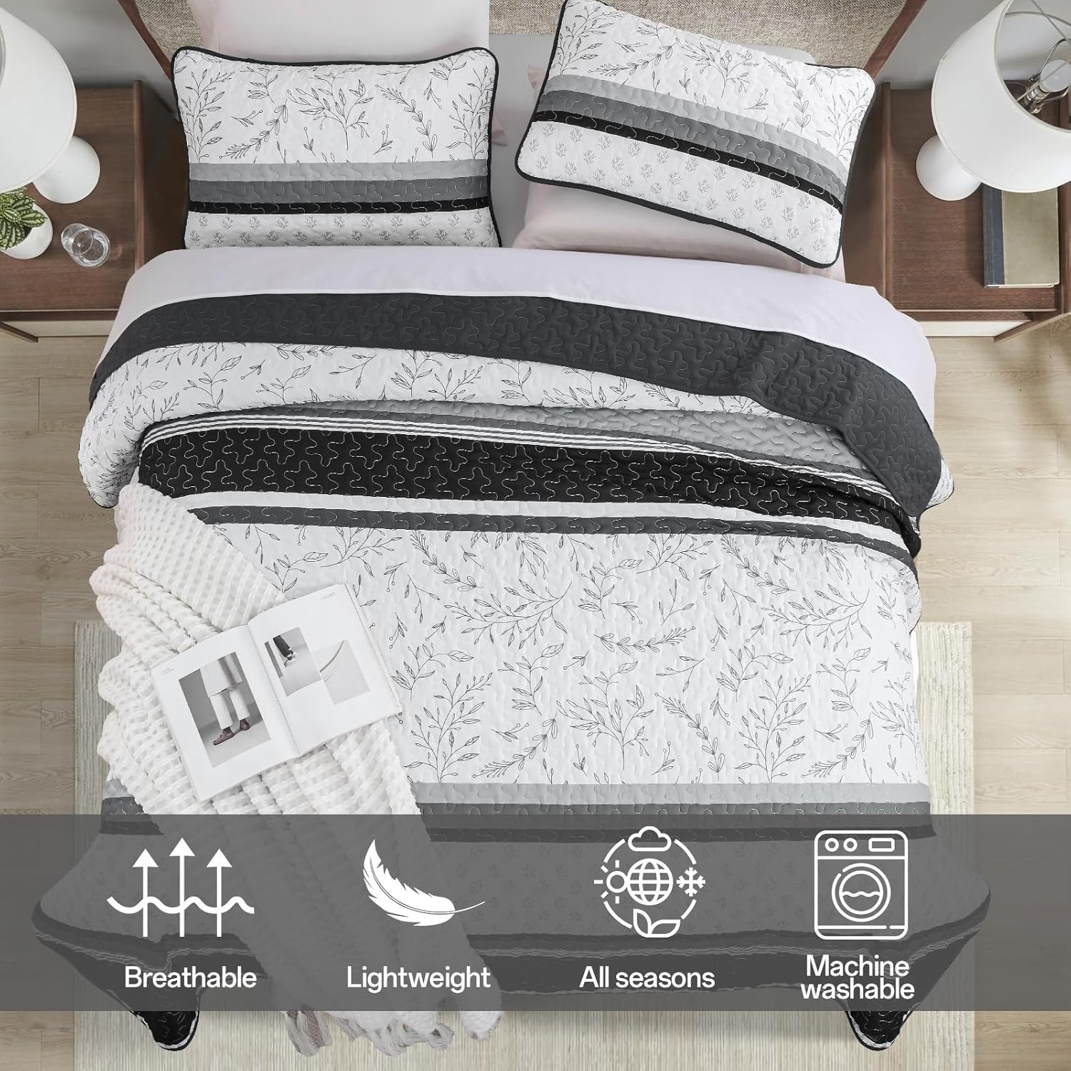 DJY Black Striped King Quilt Set with Pillowcases