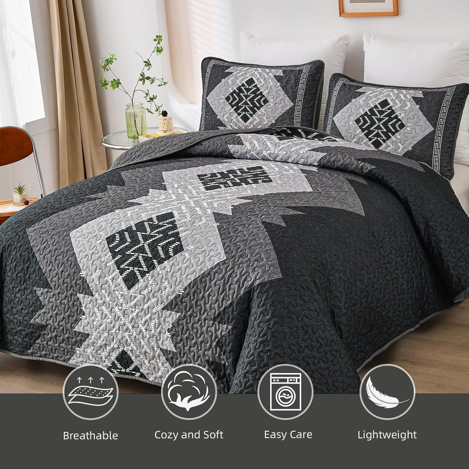 Dintszyayue Black Boho Quilt Set 3 Piece California King 1