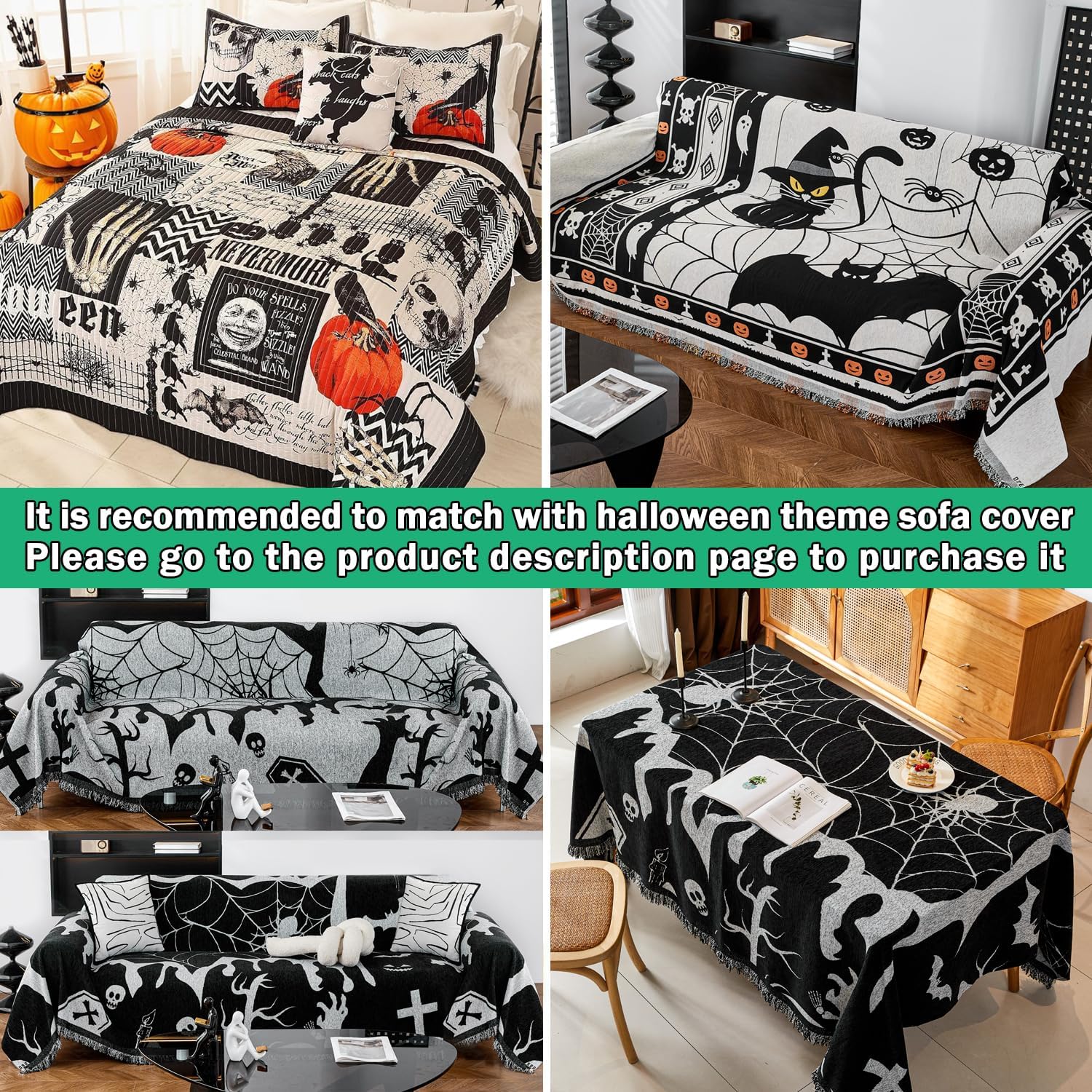 EVENHUG Halloween Queen Quilt Set with Pillow Shams