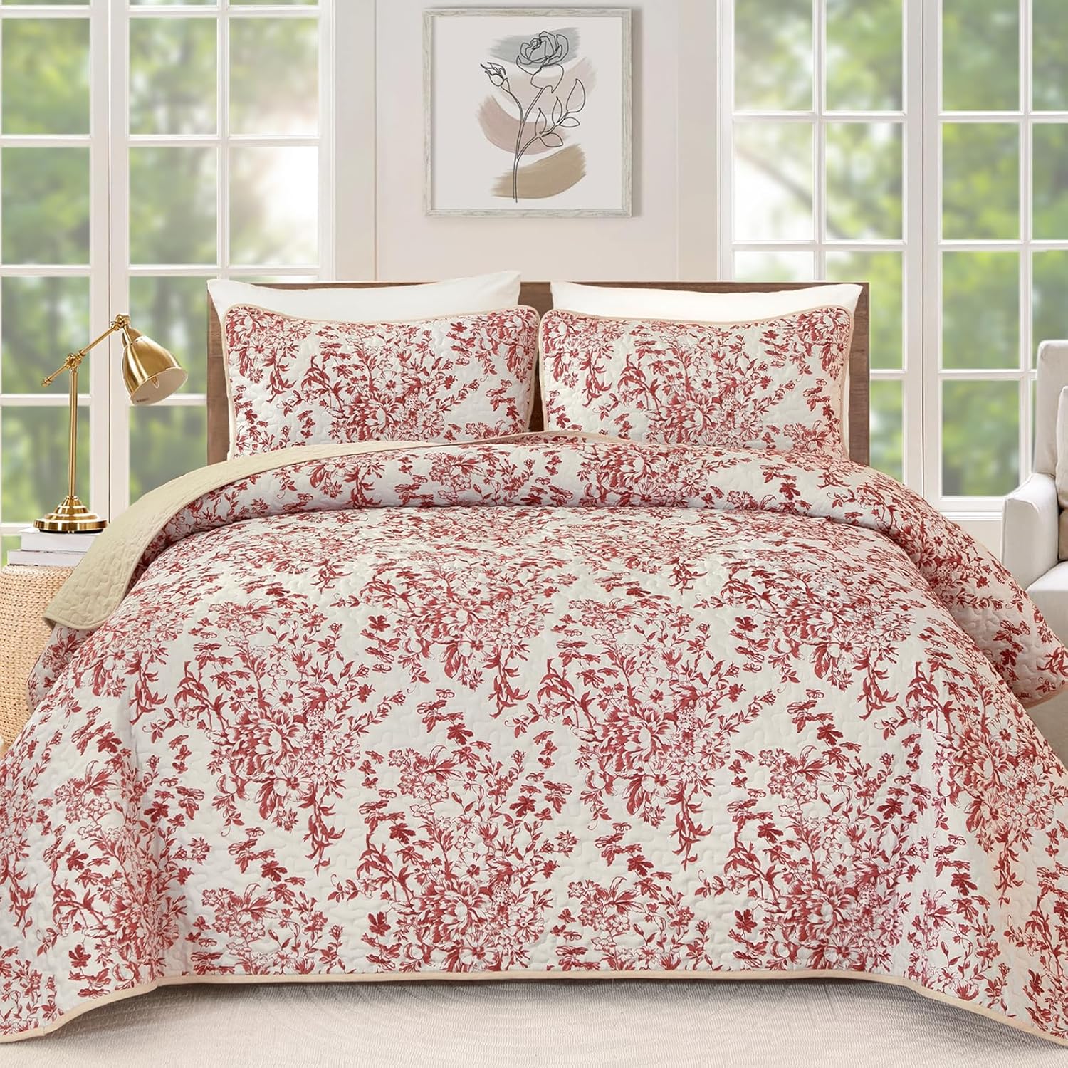 WONGS BEDDING King Size Quilt Set Red 3 Pieces